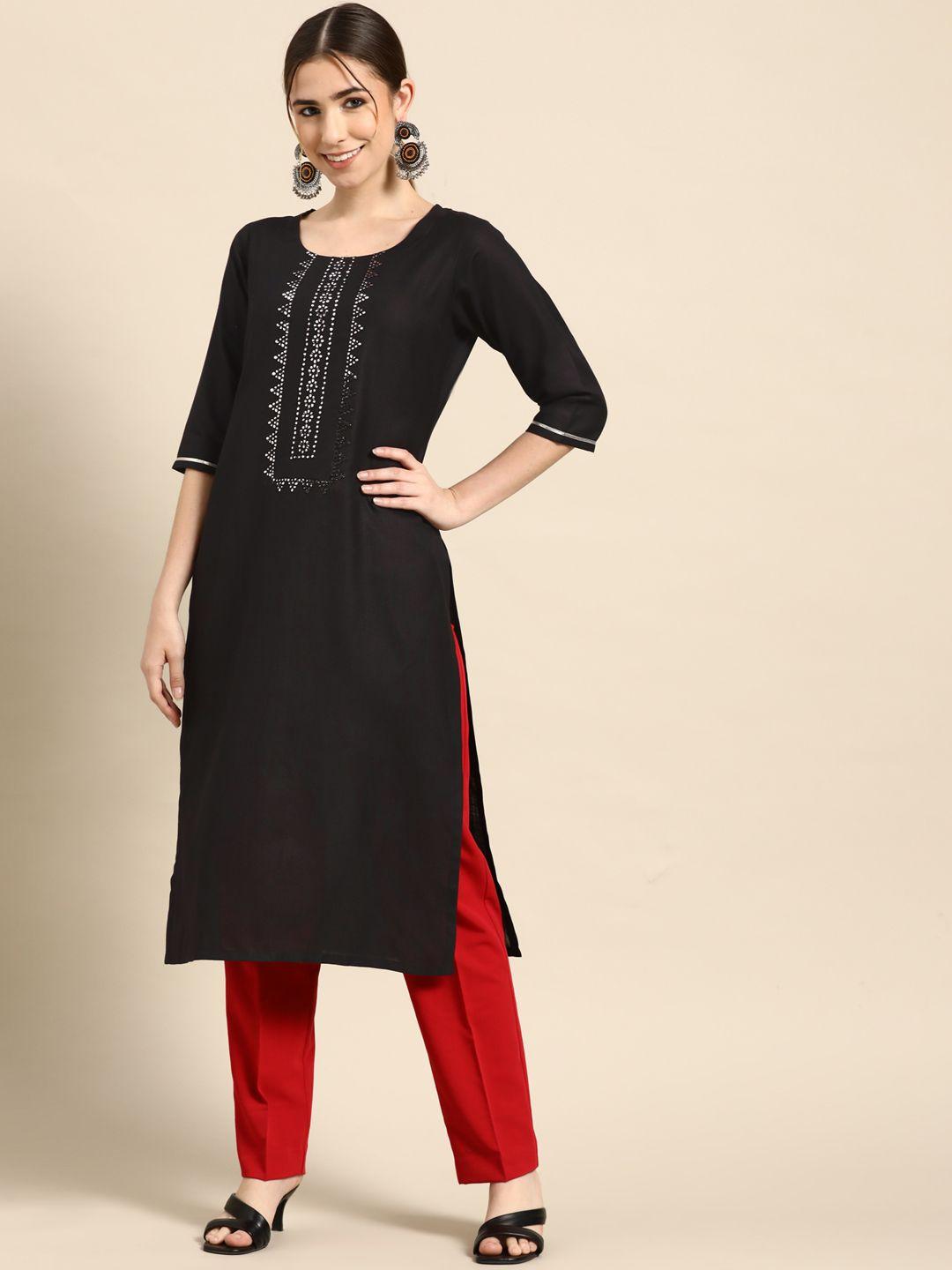 gerua women black floral yoke design mirror work kurta