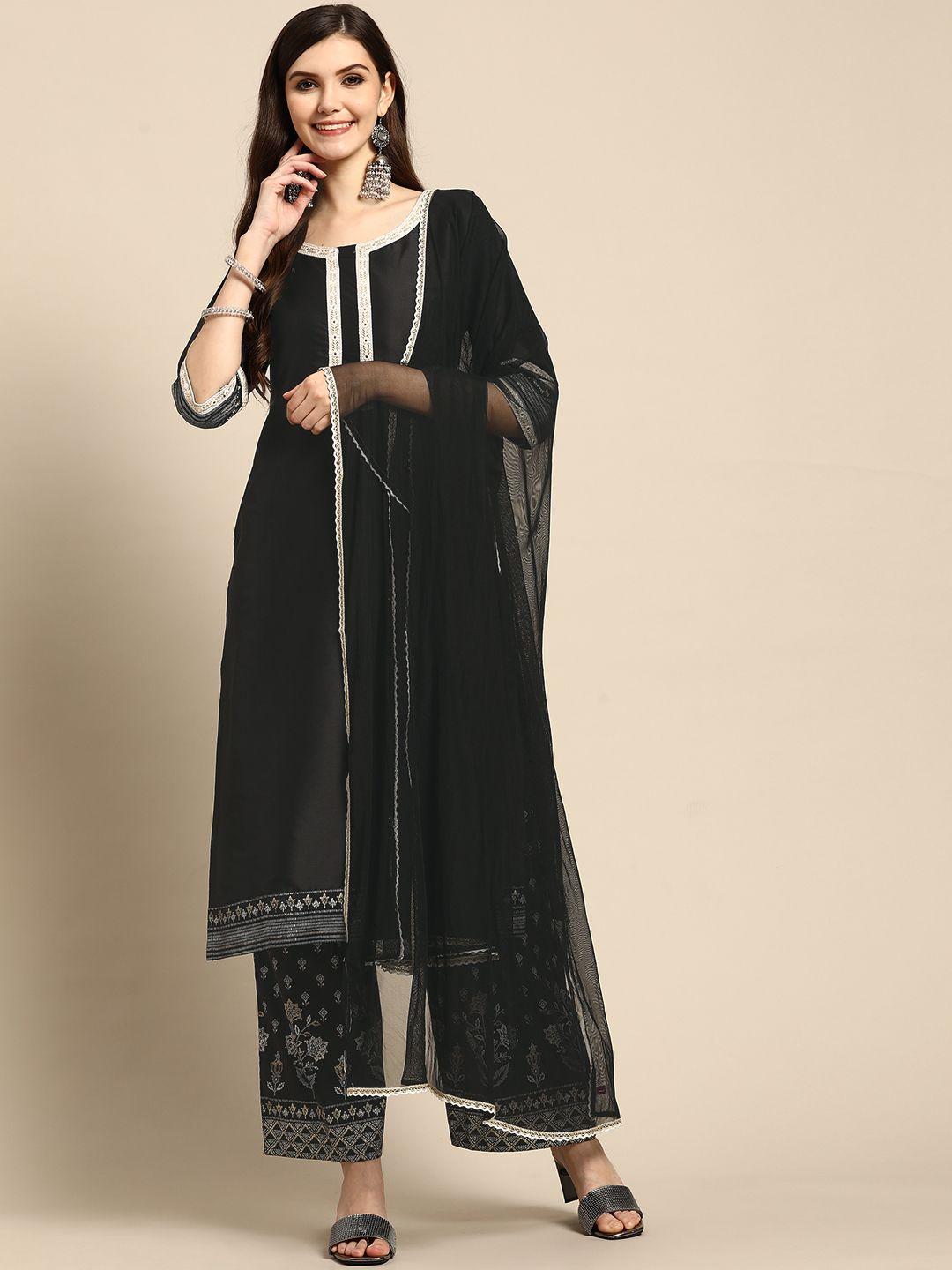 gerua women black mirror work kurta with palazzos & with dupatta