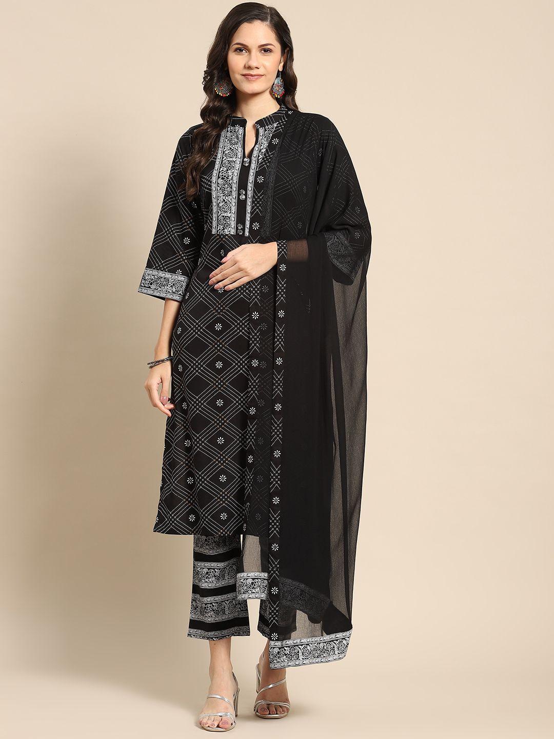 gerua women black printed patchwork kurta with trousers & with dupatta