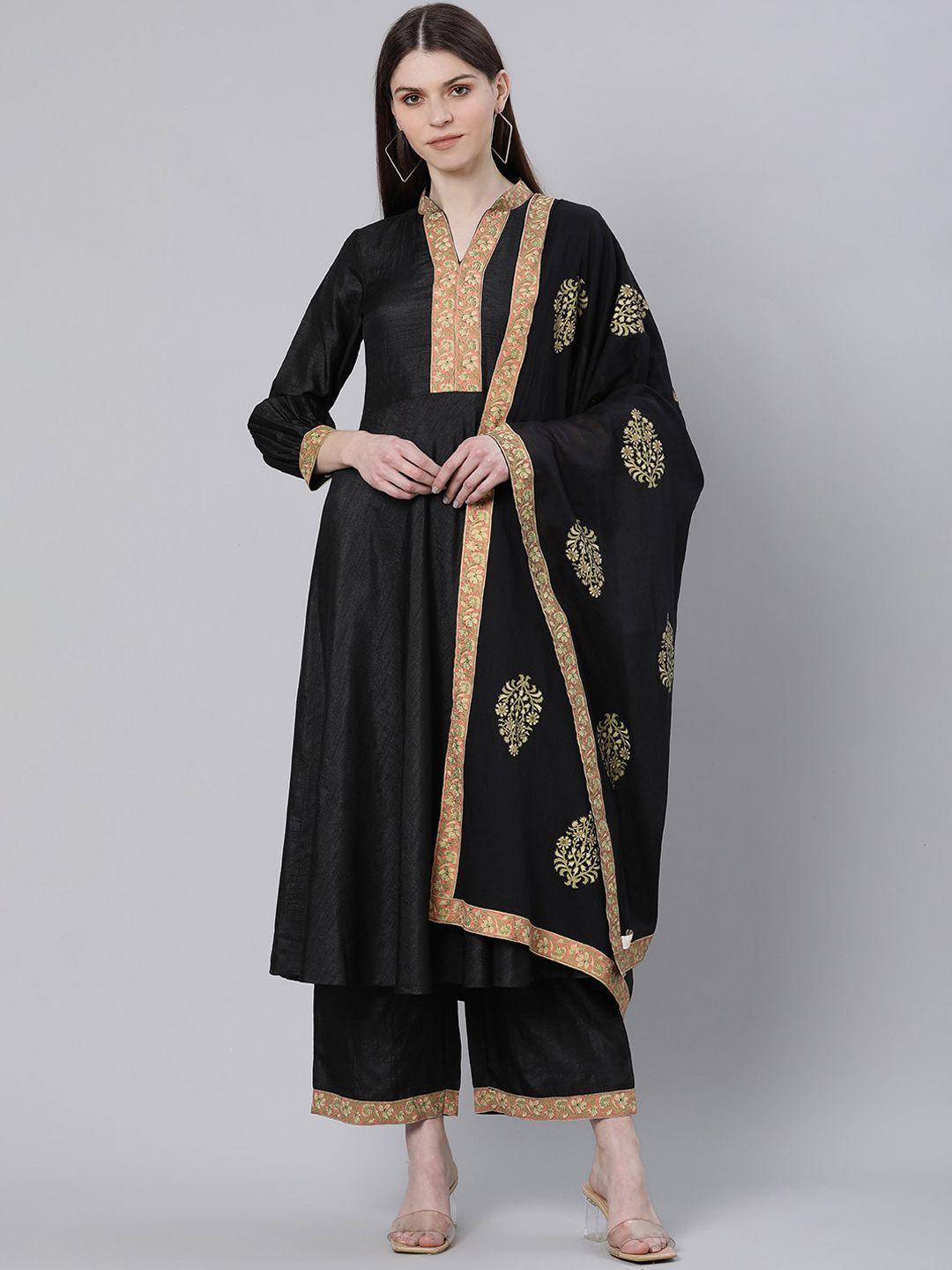 gerua women black solid kurta with palazzos & dupatta