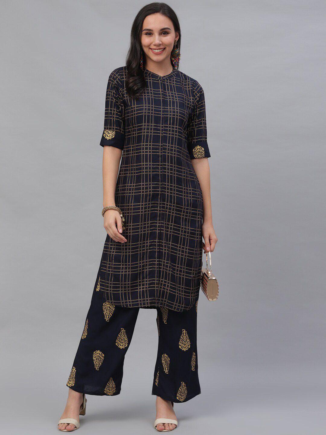 gerua women blue & gold-toned printed kurta with palazzos