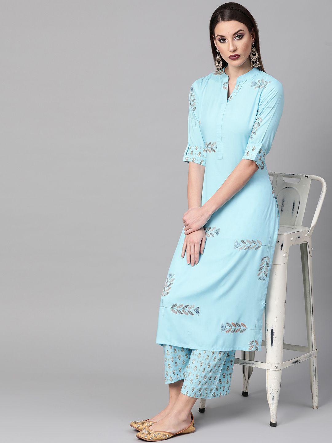 gerua women blue & mustard yellow block print kurta with palazzos