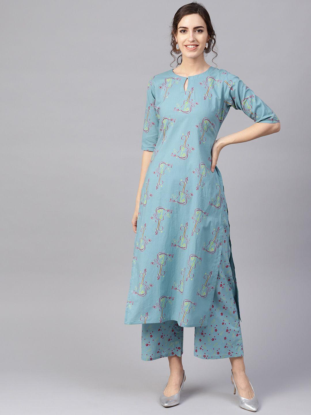 gerua women blue & pink printed kurta with palazzos