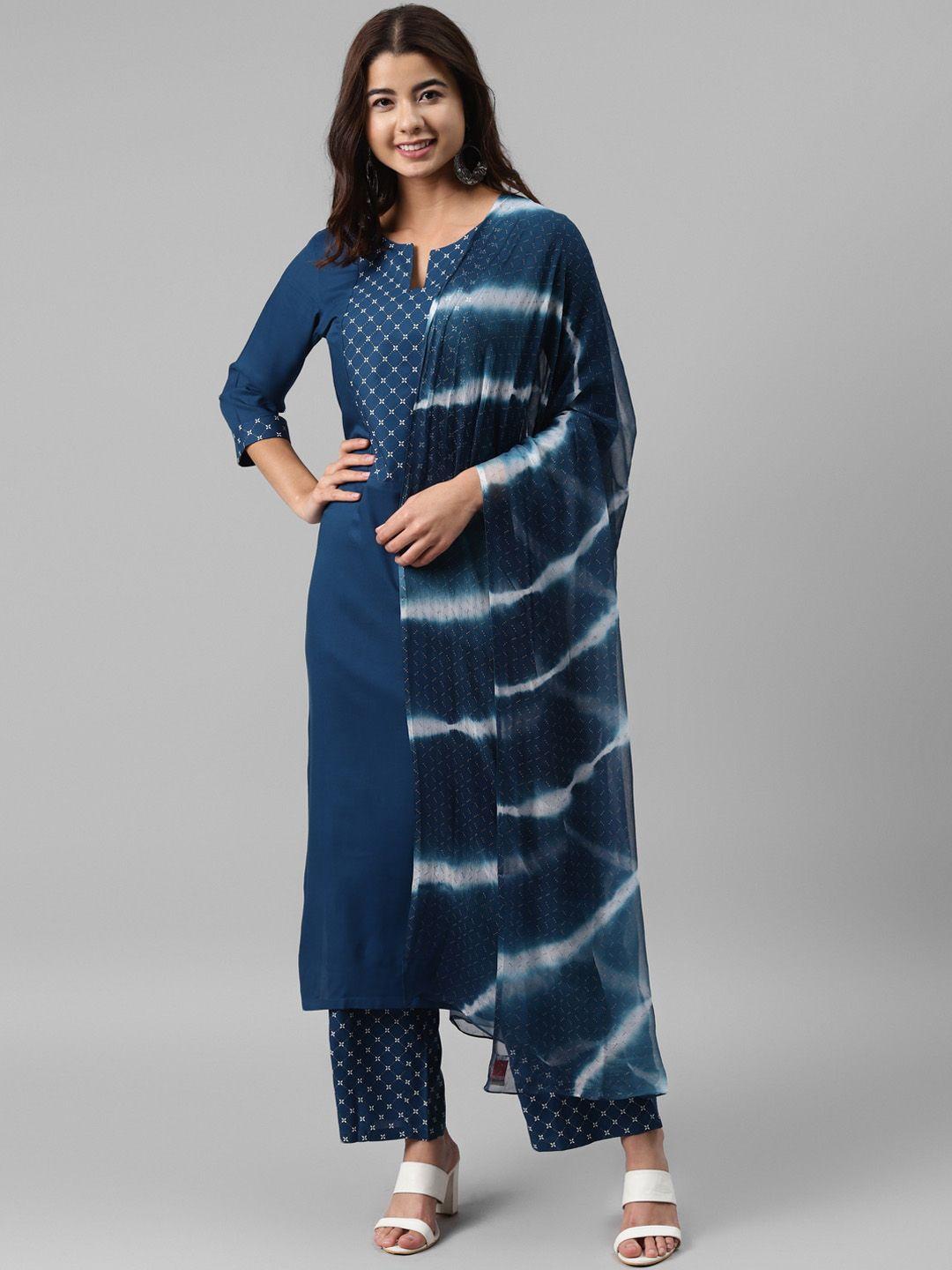 gerua women blue & white printed empire kurta with palazzos & dupatta