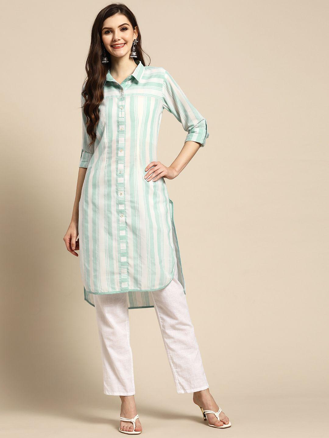 gerua women blue & white striped cotton pathani kurta