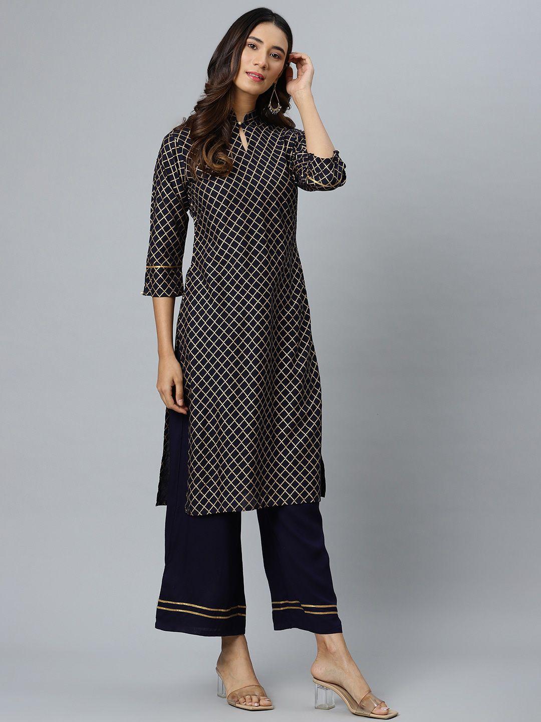 gerua women blue ethnic motifs kurti with trousers