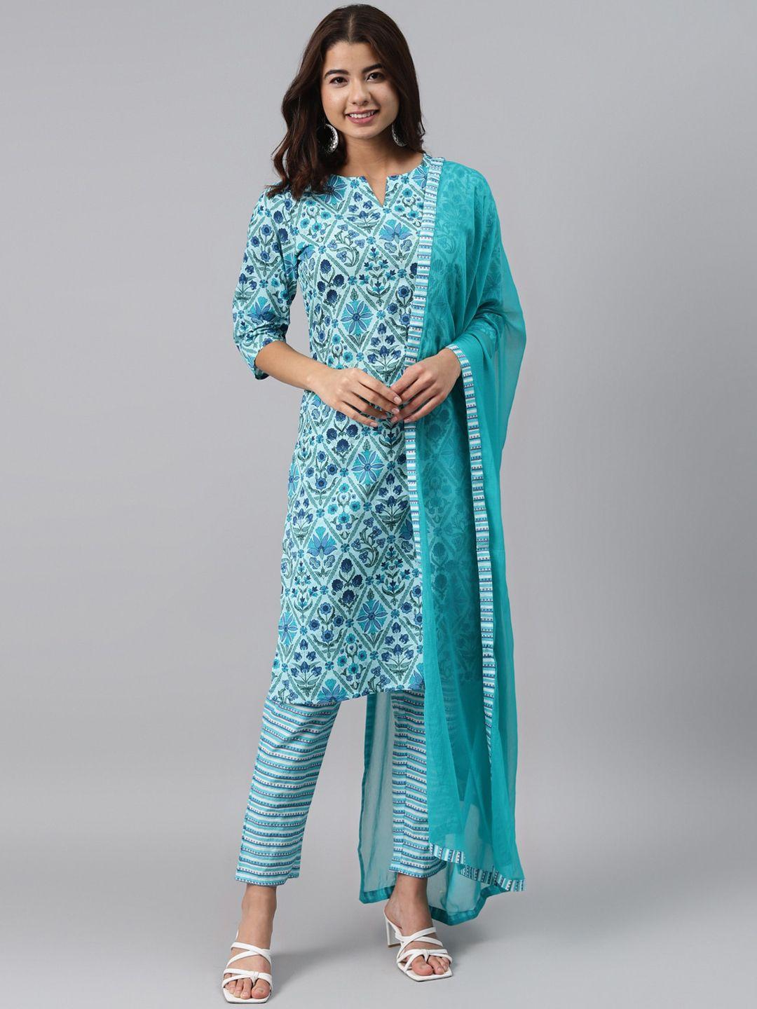 gerua women blue ethnic motifs printed regular pure cotton kurta with trousers & dupatta