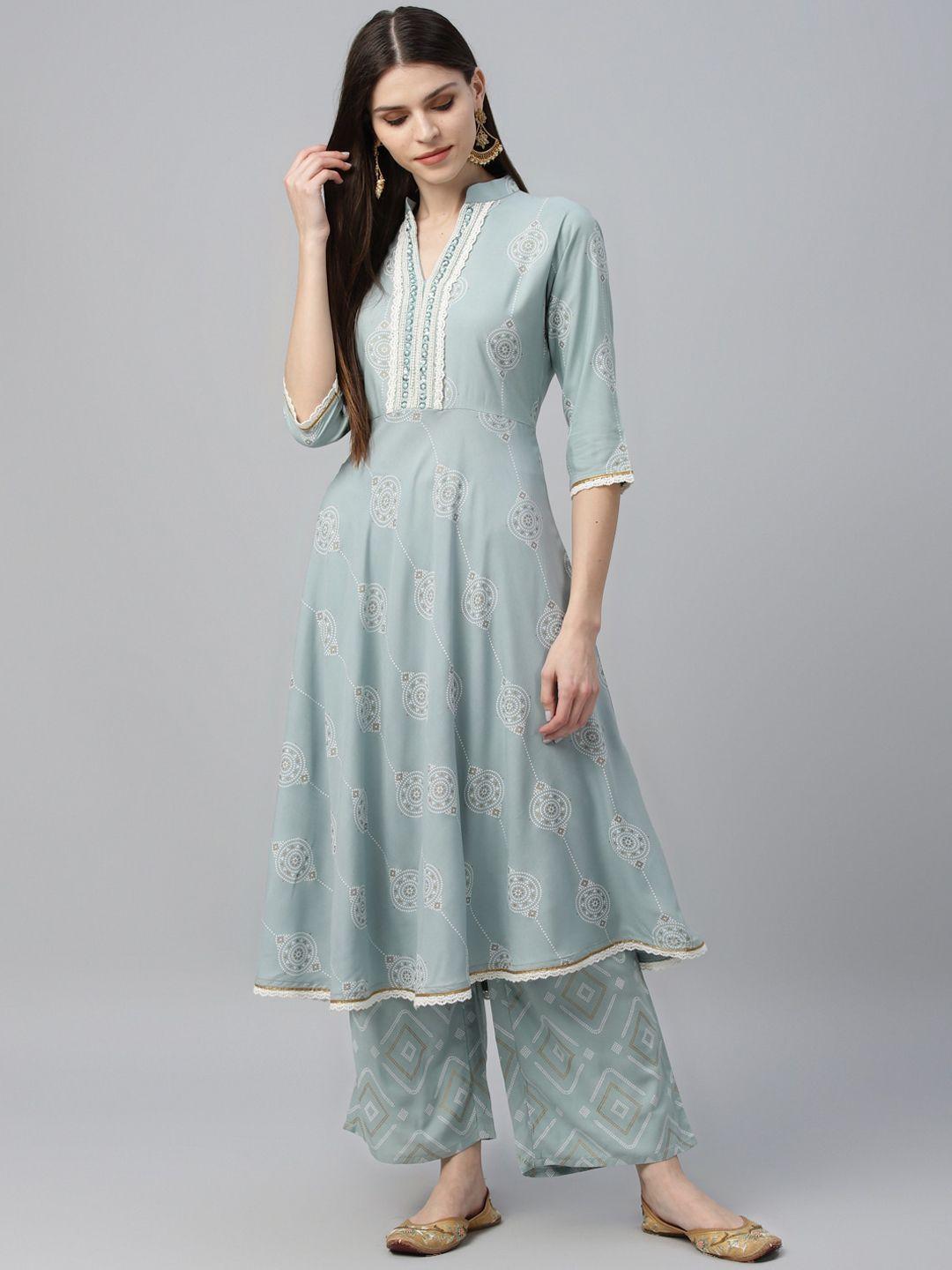 gerua women blue printed kurta with palazzos