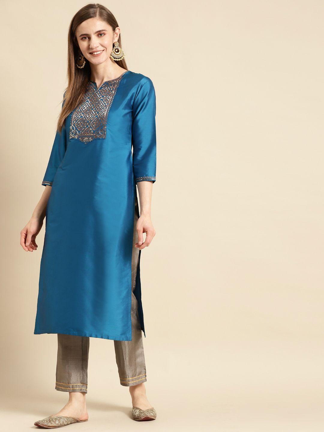 gerua women blue yoke design kurta