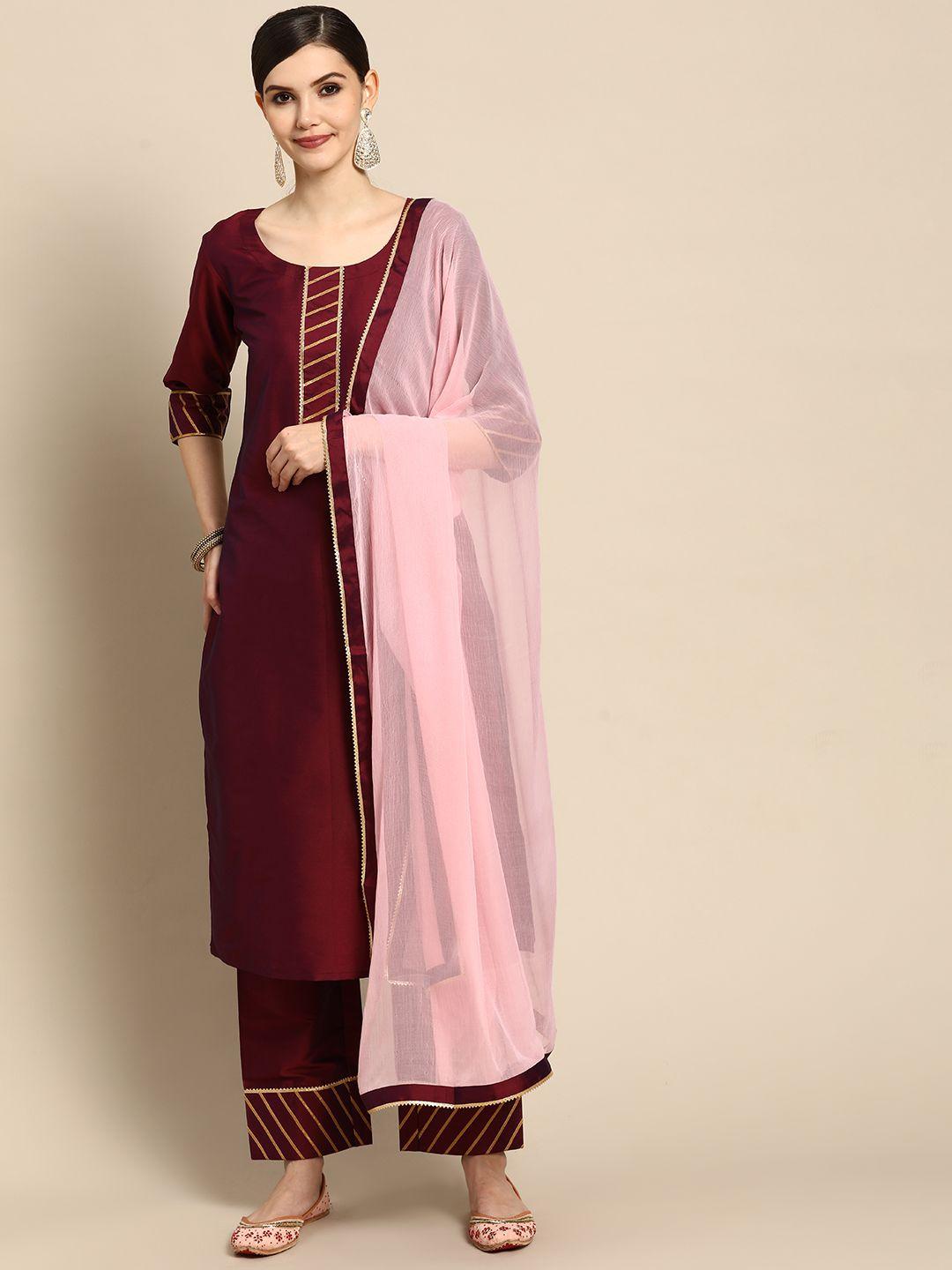 gerua women burgundy gotta patti kurta with trousers & with dupatta