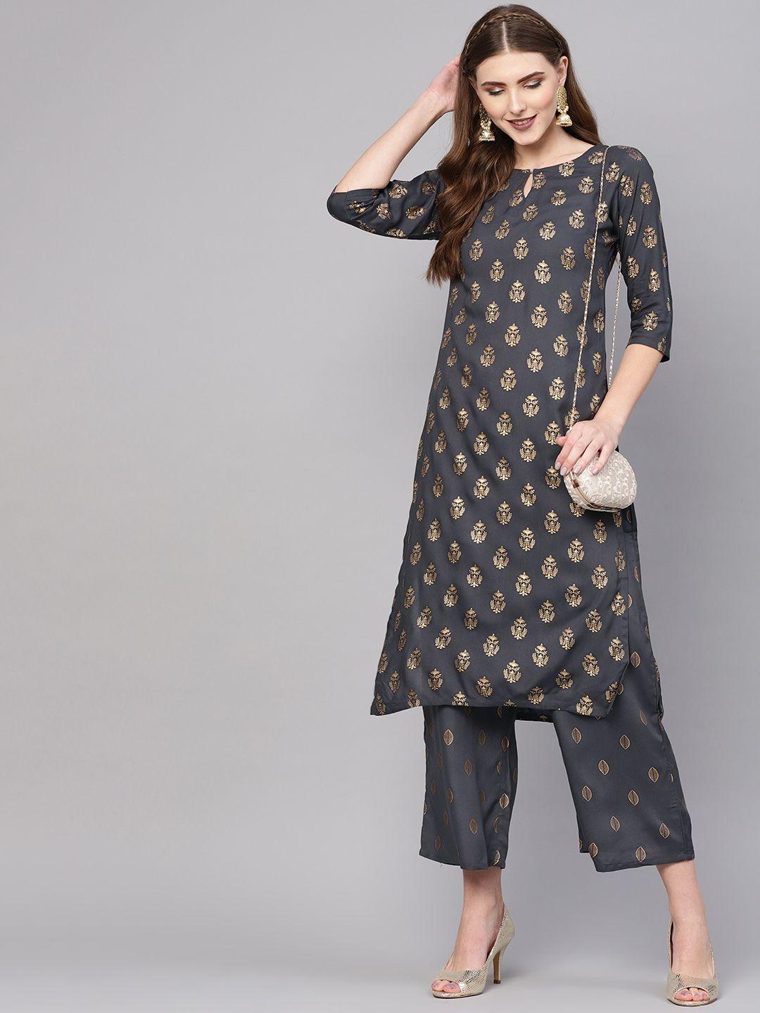 gerua women charcoal grey & golden block print kurta with palazzos