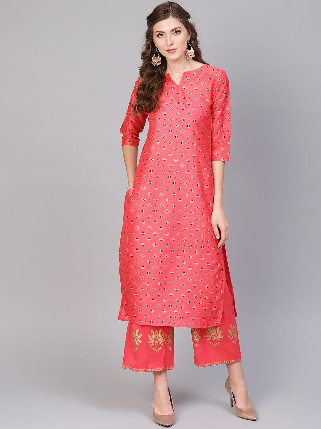 gerua women coral pink & golden block print kurta with palazzos