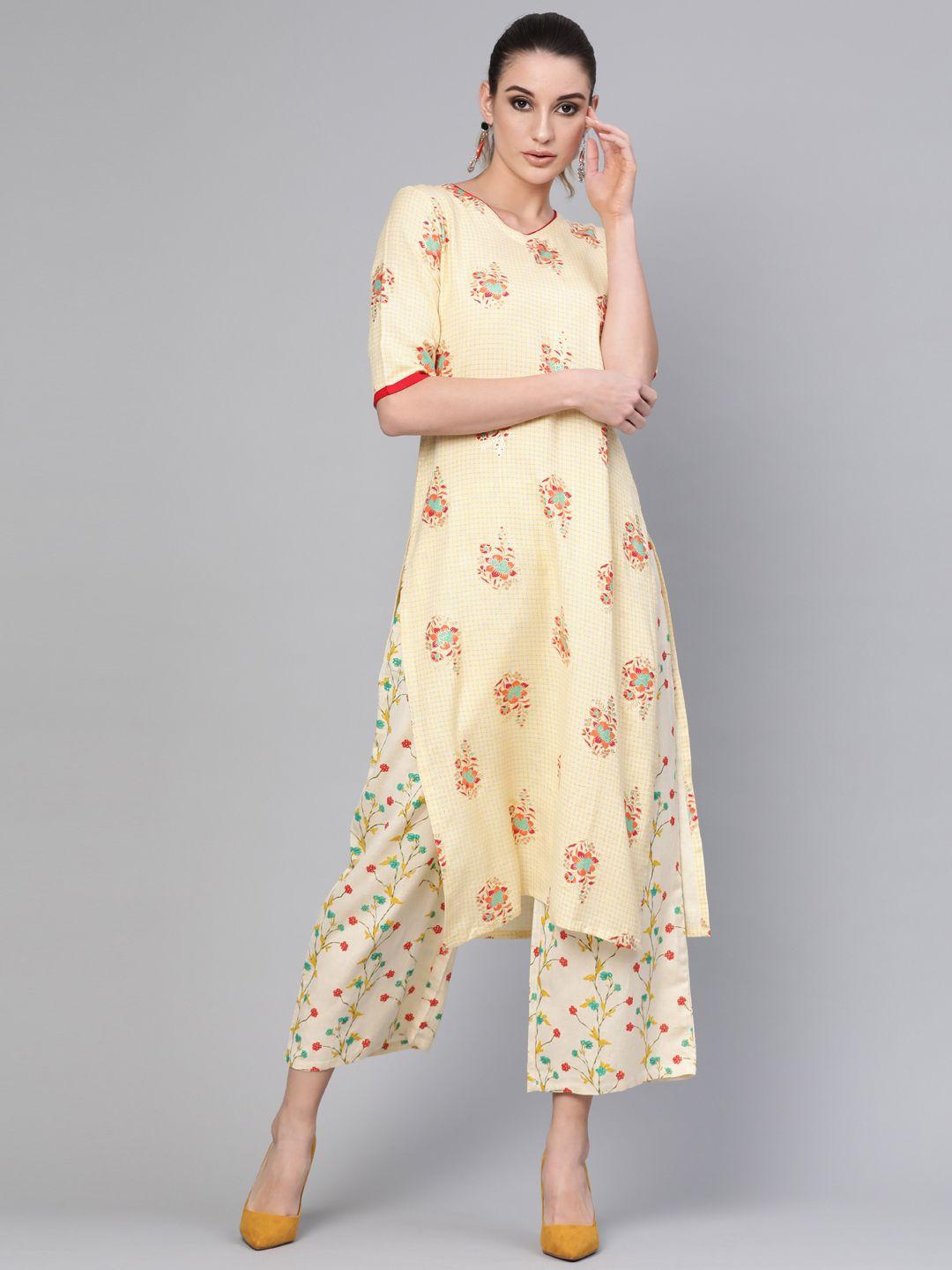 gerua women cream-coloured block print kurta with palazzos