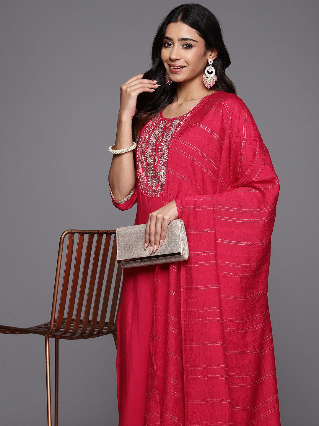 gerua women floral yoke design regular sequinned kurta with trousers & with dupatta