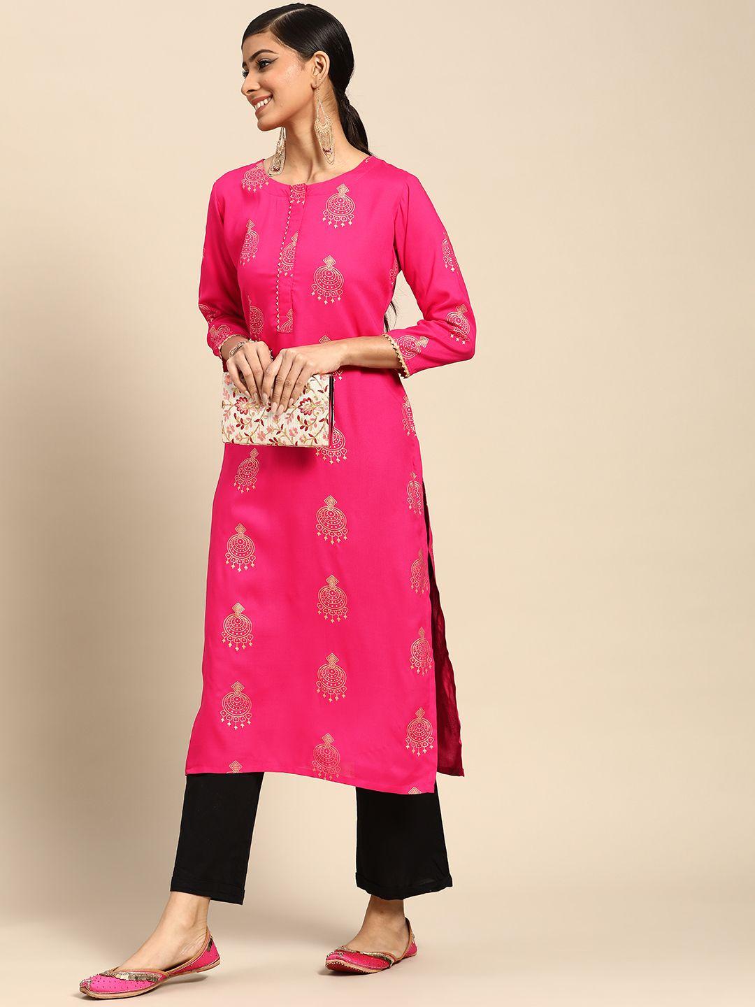 gerua women fuchsia & golden  ethnic motifs printed kurta