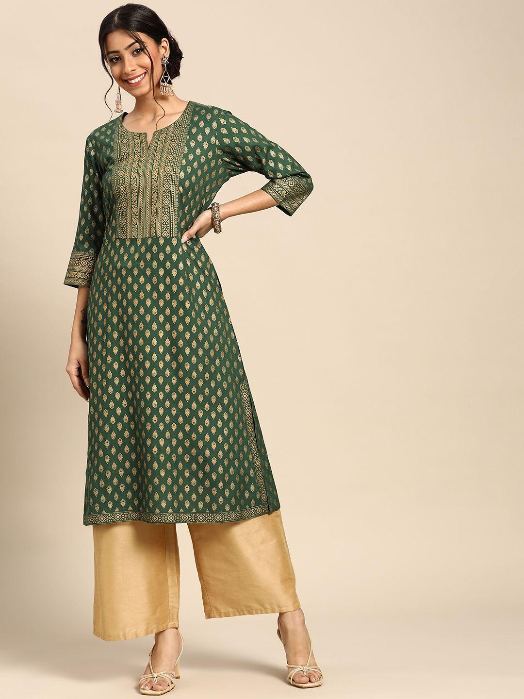 gerua women green & golden ethnic motifs printed kurta