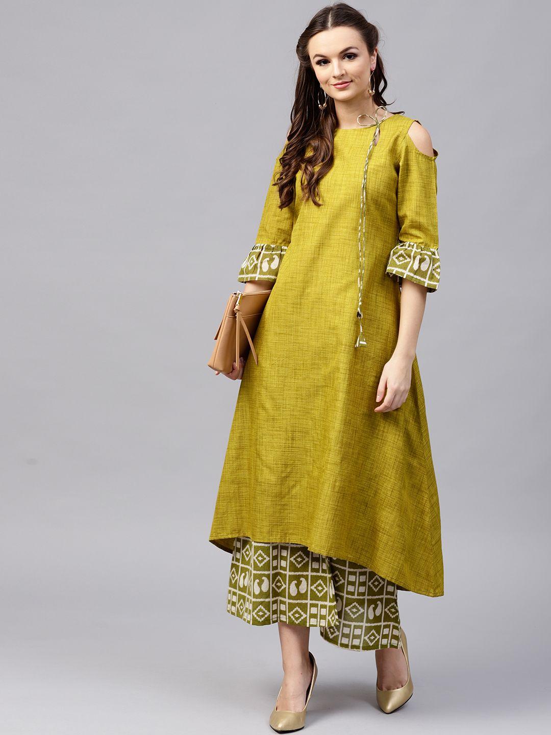 gerua women green & off-white solid kurta with palazzos