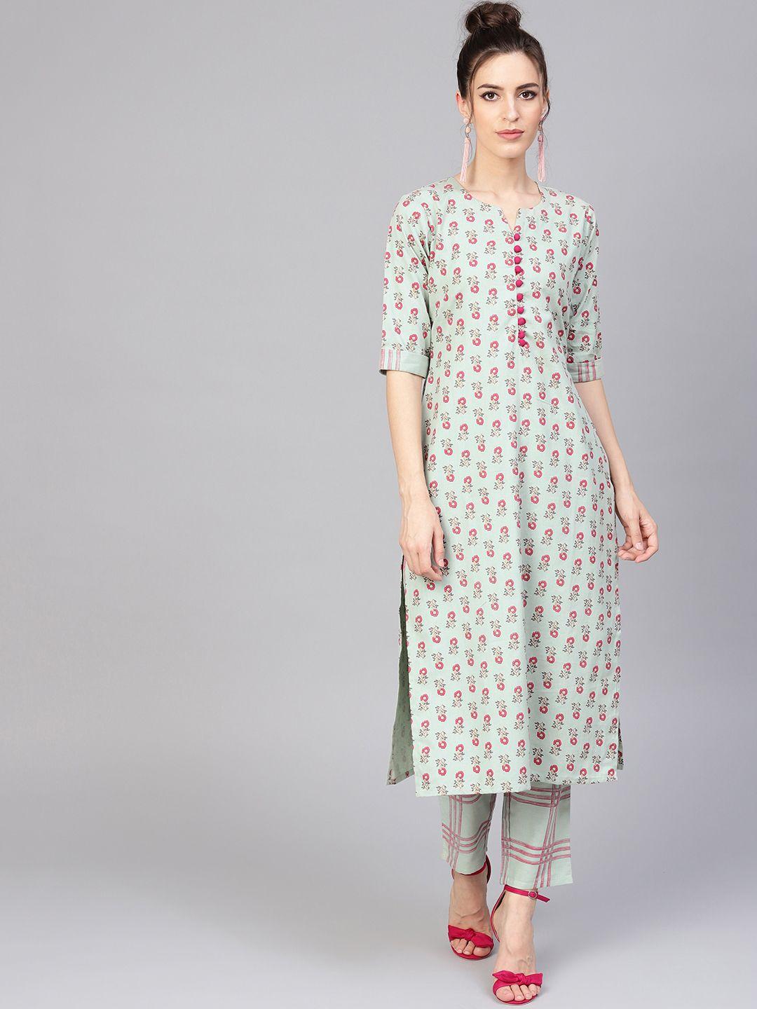 gerua women green & pink printed kurta with trousers