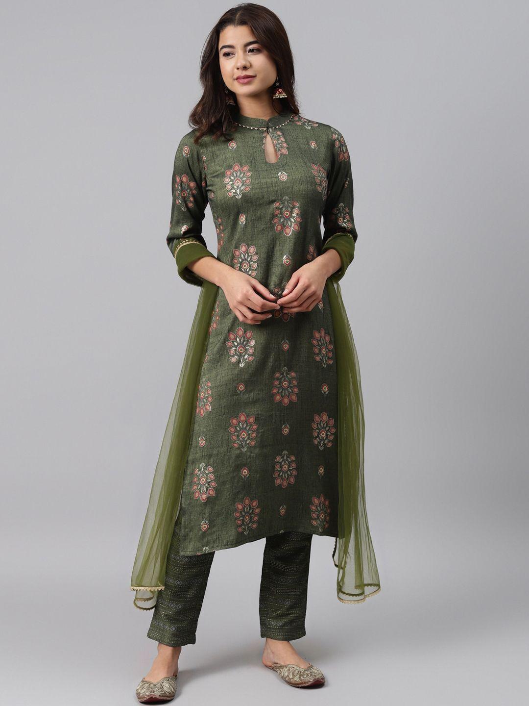 gerua women green & red ethnic motifs printed regular kurta with trousers & dupatta