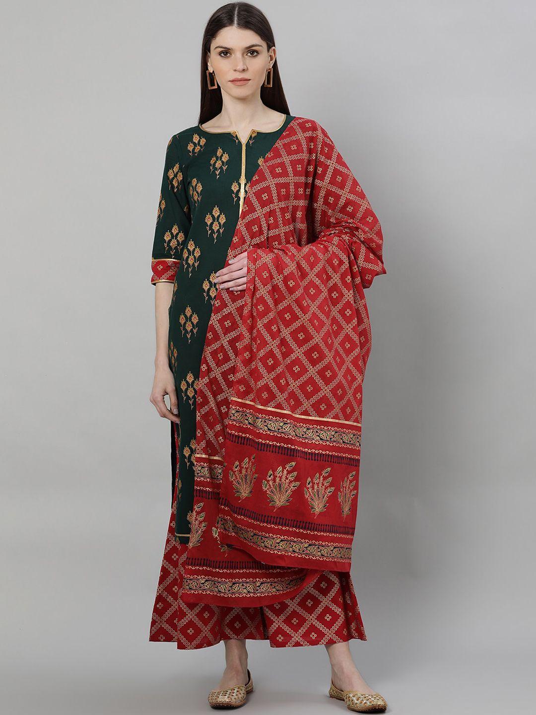 gerua women green & red printed kurta with palazzos & dupatta