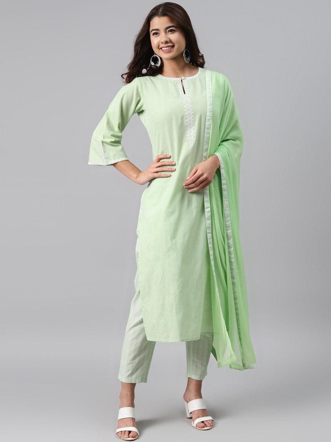 gerua women green & white yoke embroidered regular kurta with trousers & dupatta