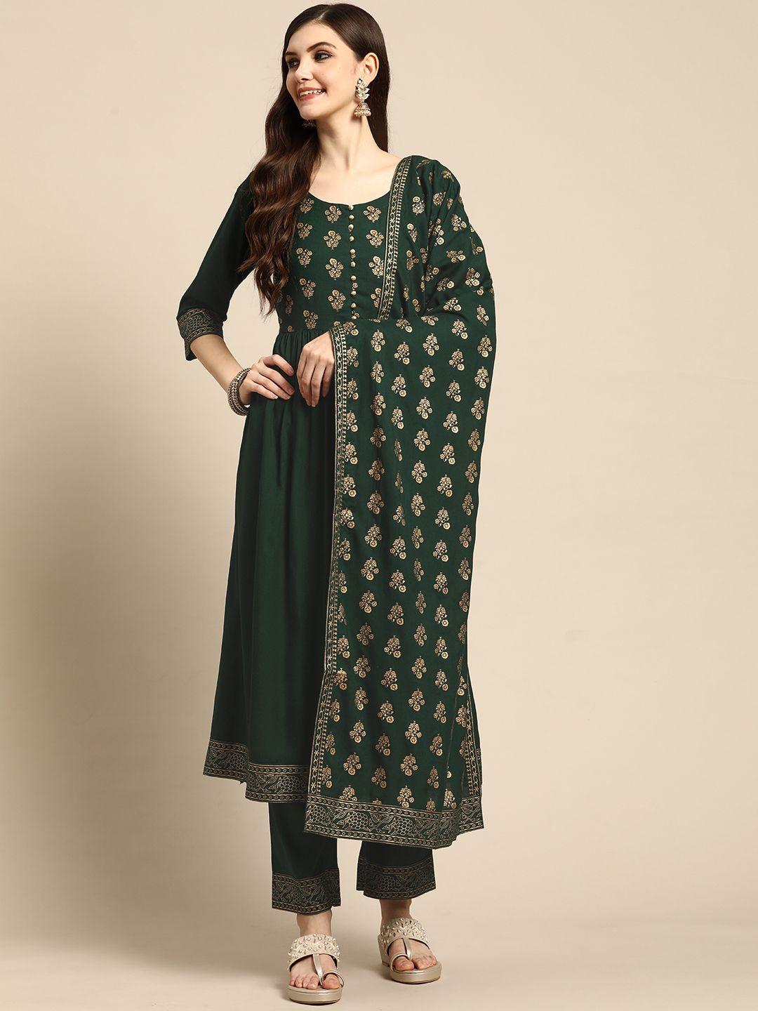 gerua women green floral yoke design pleated kurta with trousers & with dupatta