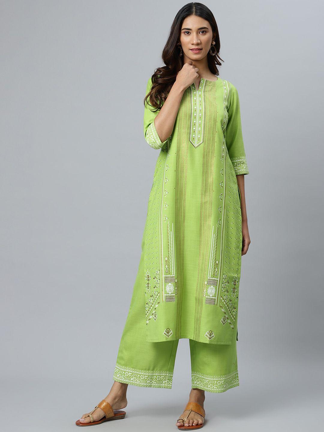 gerua women green foil printed straight kurta