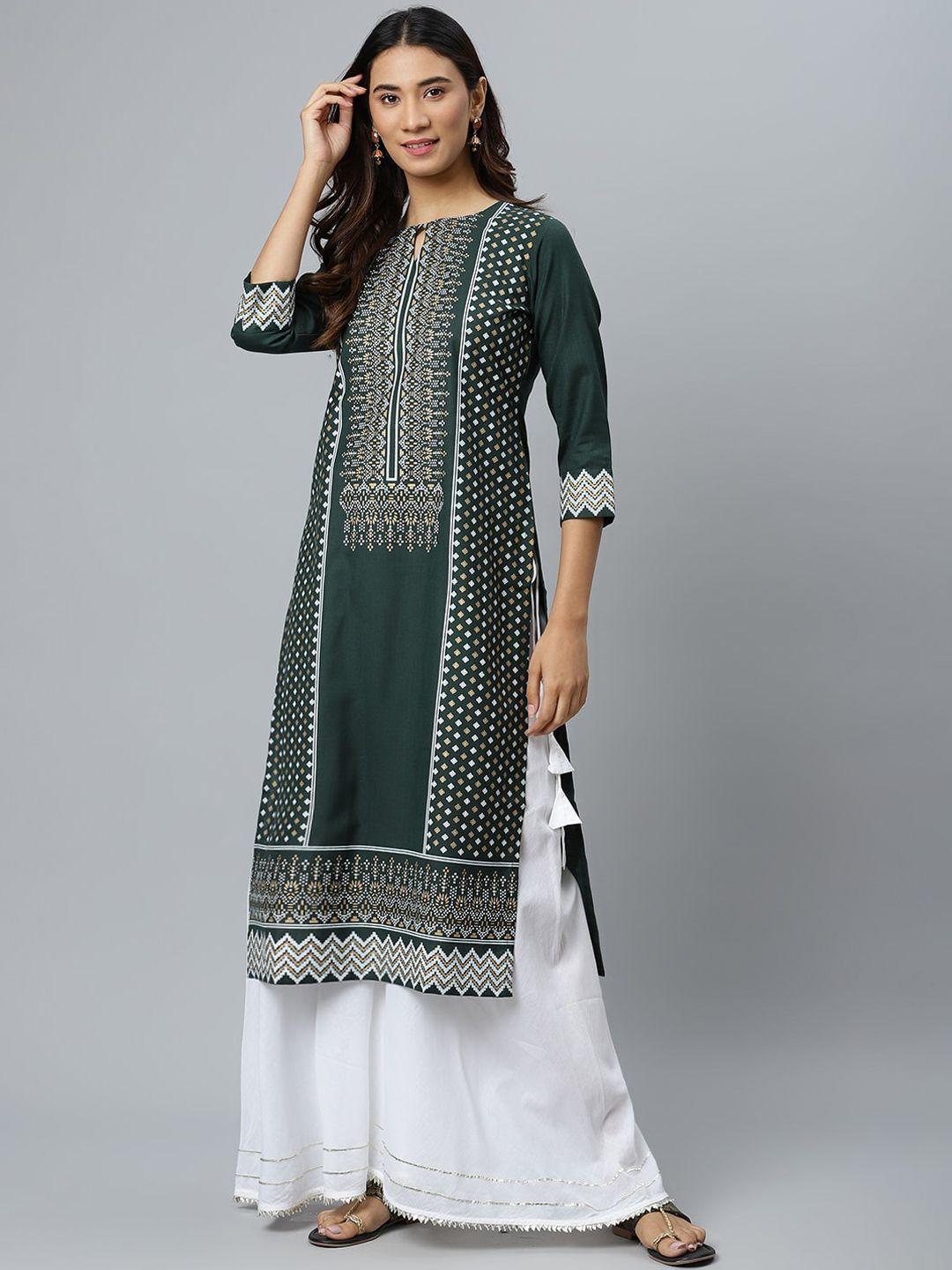 gerua women green geometric printed keyhole neck kurta