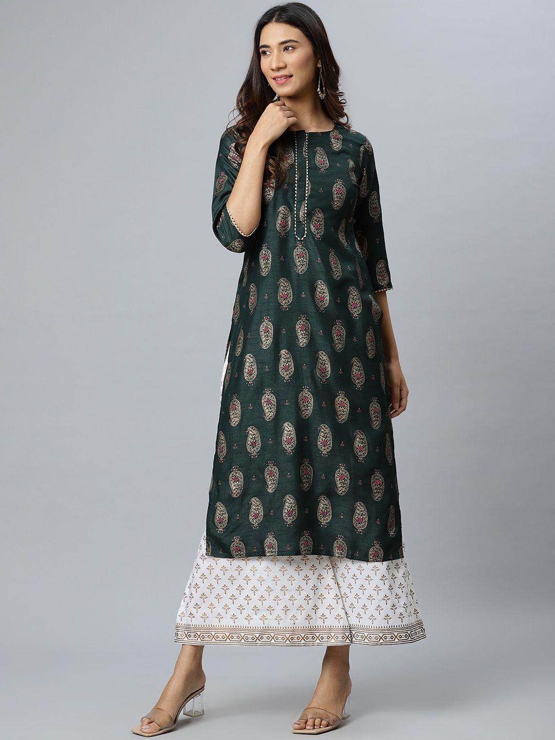 gerua women green paisley silk kurta