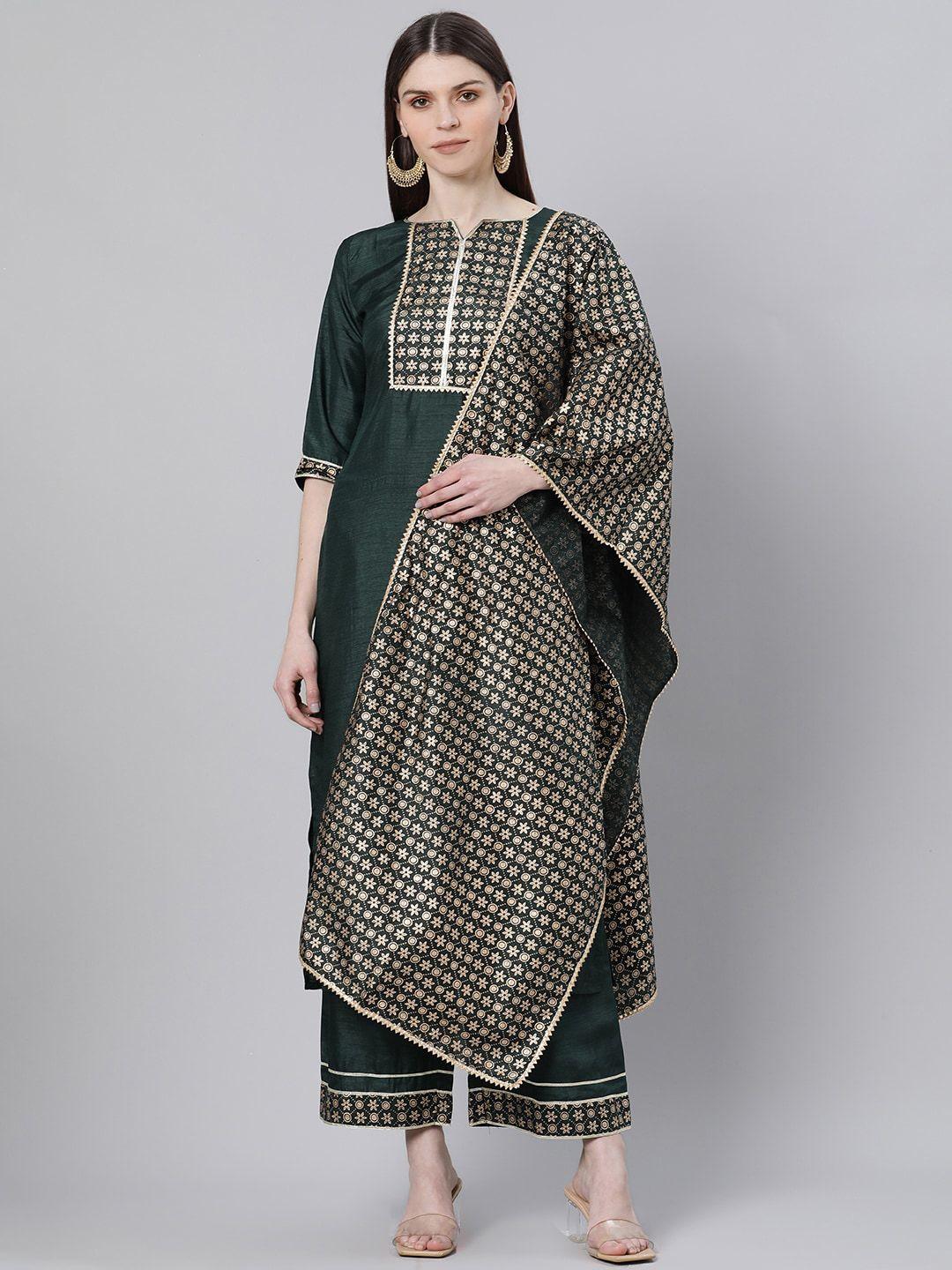 gerua women green yoke design kurta with trousers & dupatta