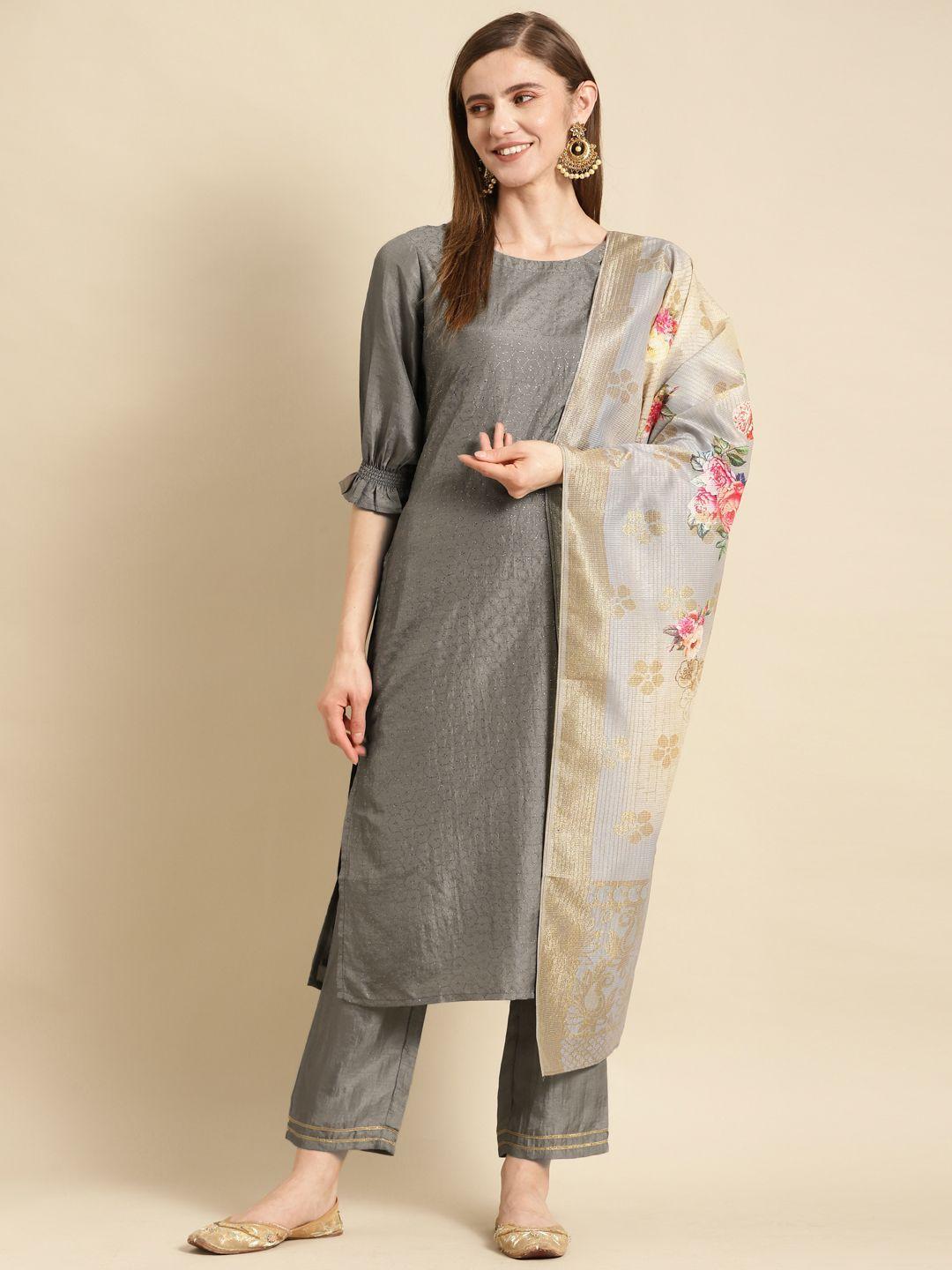 gerua women grey & golden ethnic motifs printed kurta with trousers & with dupatta