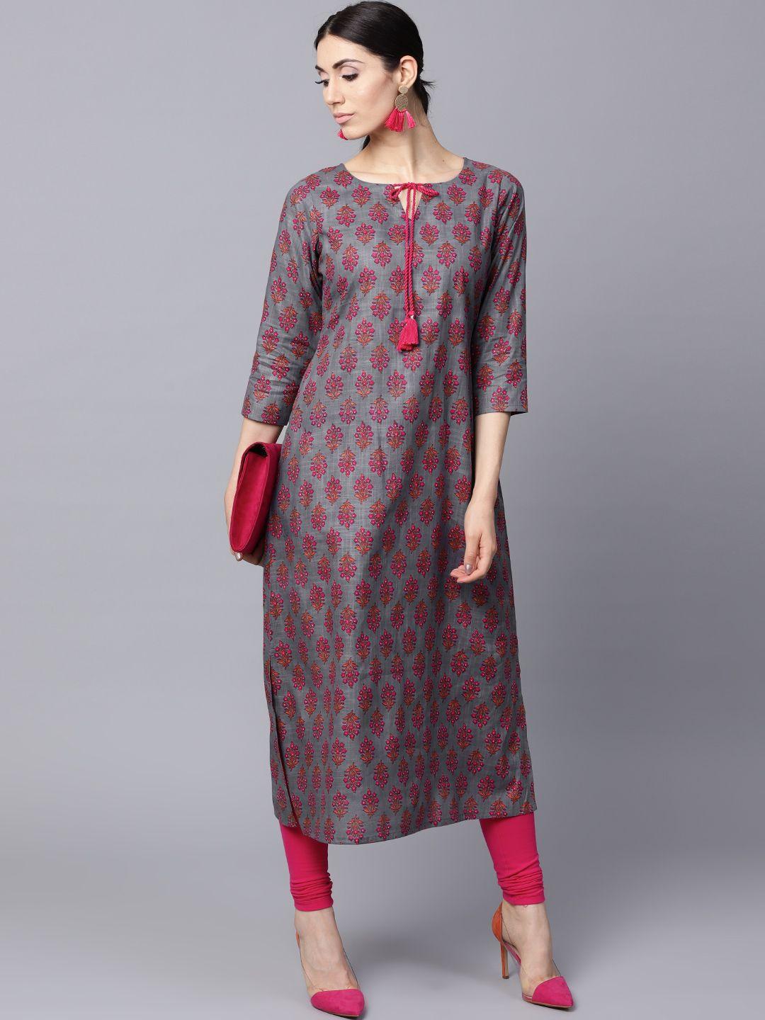 gerua women grey & pink printed straight kurta