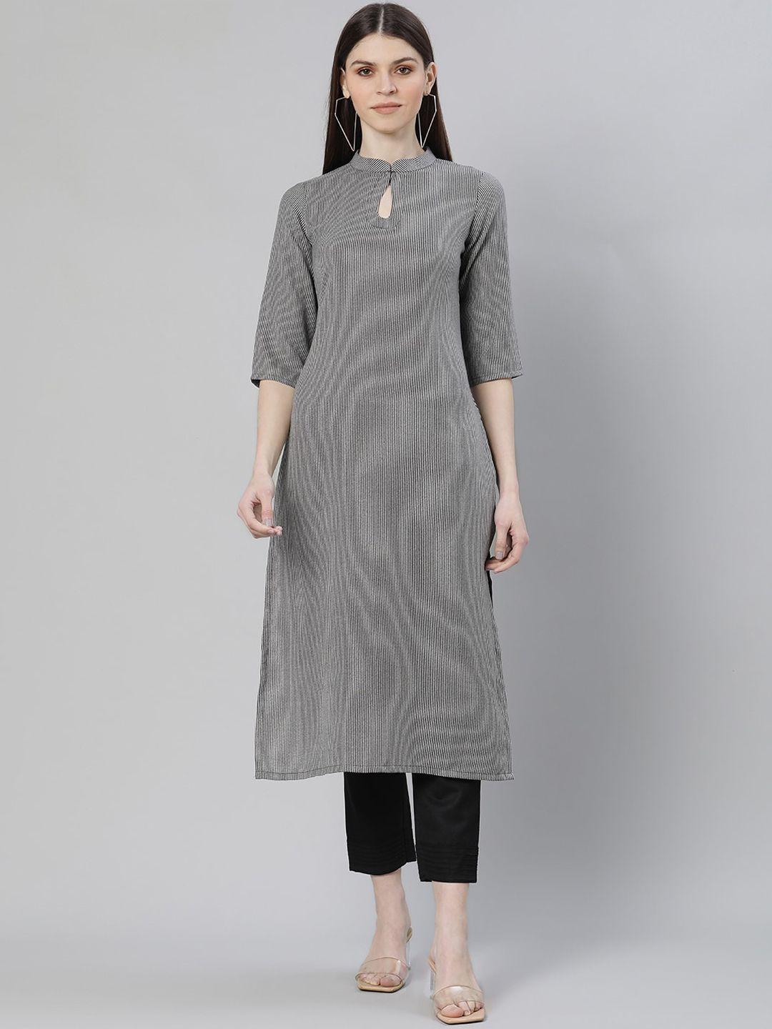 gerua women grey striped keyhole neck sequins kurta