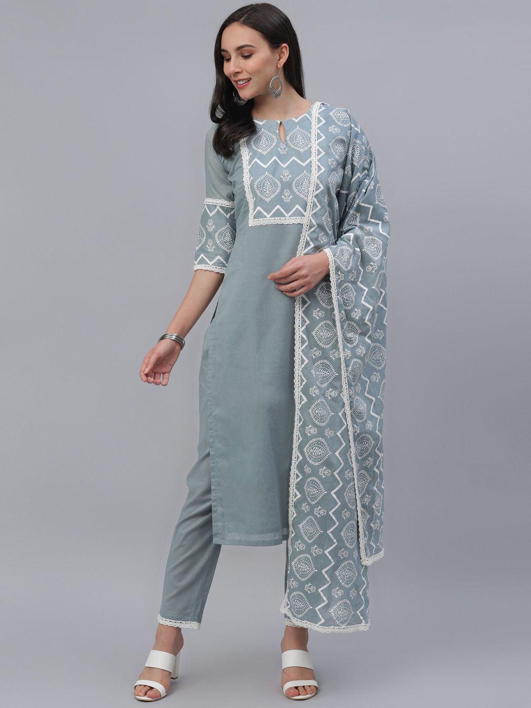 gerua women grey yoke design pure cotton kurta with trousers & dupatta