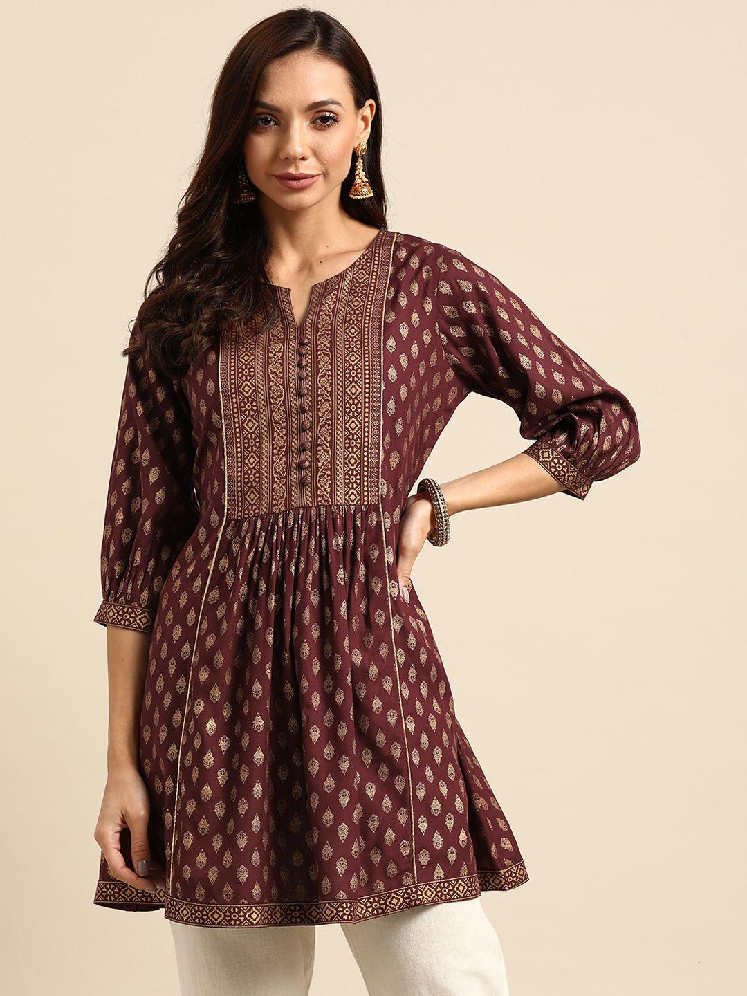 gerua women maroon & golden ethnic motifs printed pleated kurti