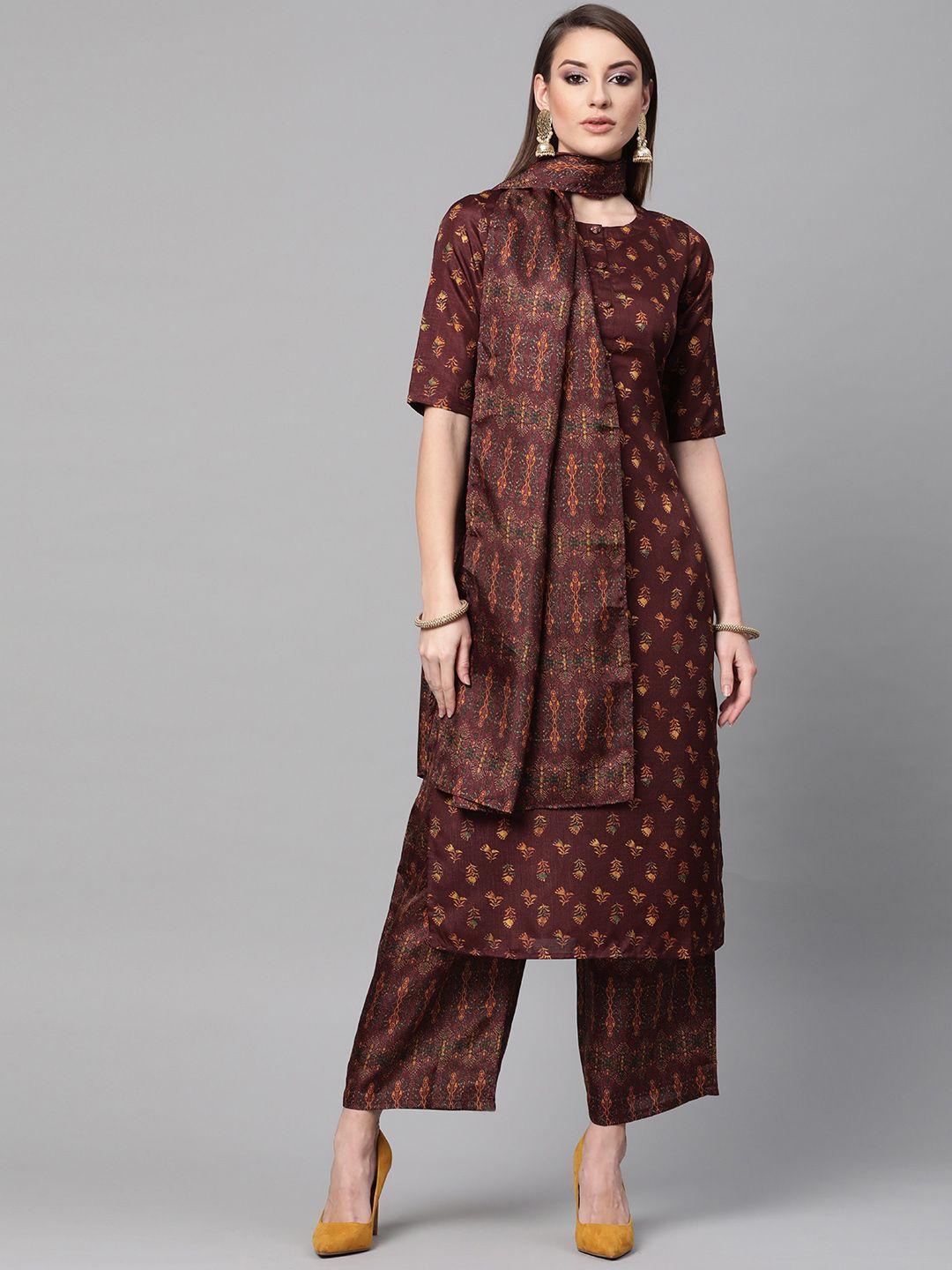 gerua women maroon & mustard yellow printed kurta with palazzos & stole