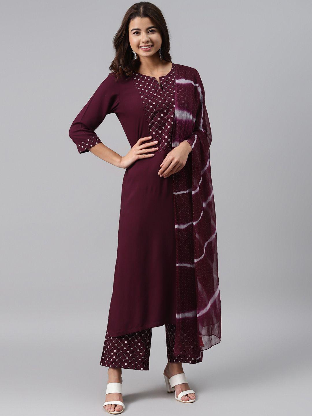 gerua women maroon & white printed regular kurta with palazzos & dupatta