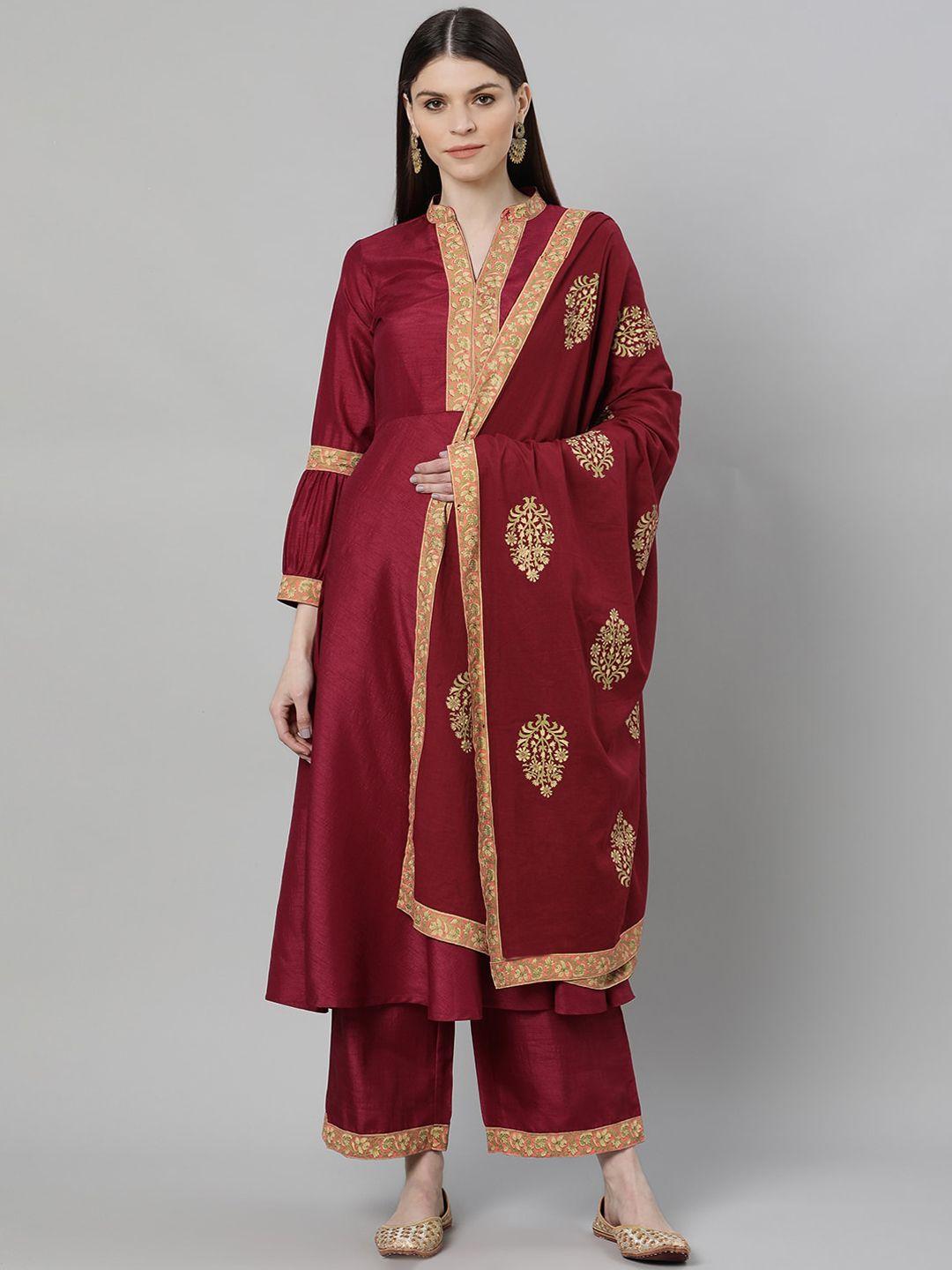 gerua women maroon solid kurta with palazzos & dupatta