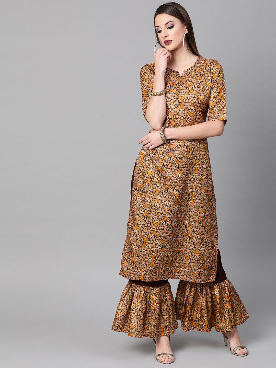 gerua women mustard yellow & brown printed kurta with palazzos