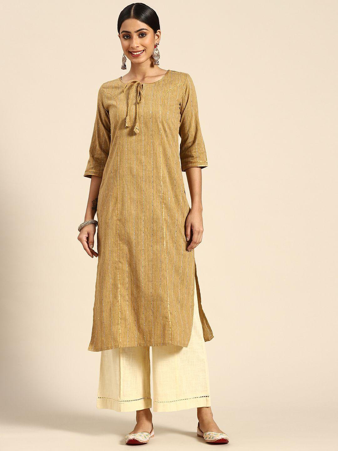 gerua women mustard yellow striped kurta