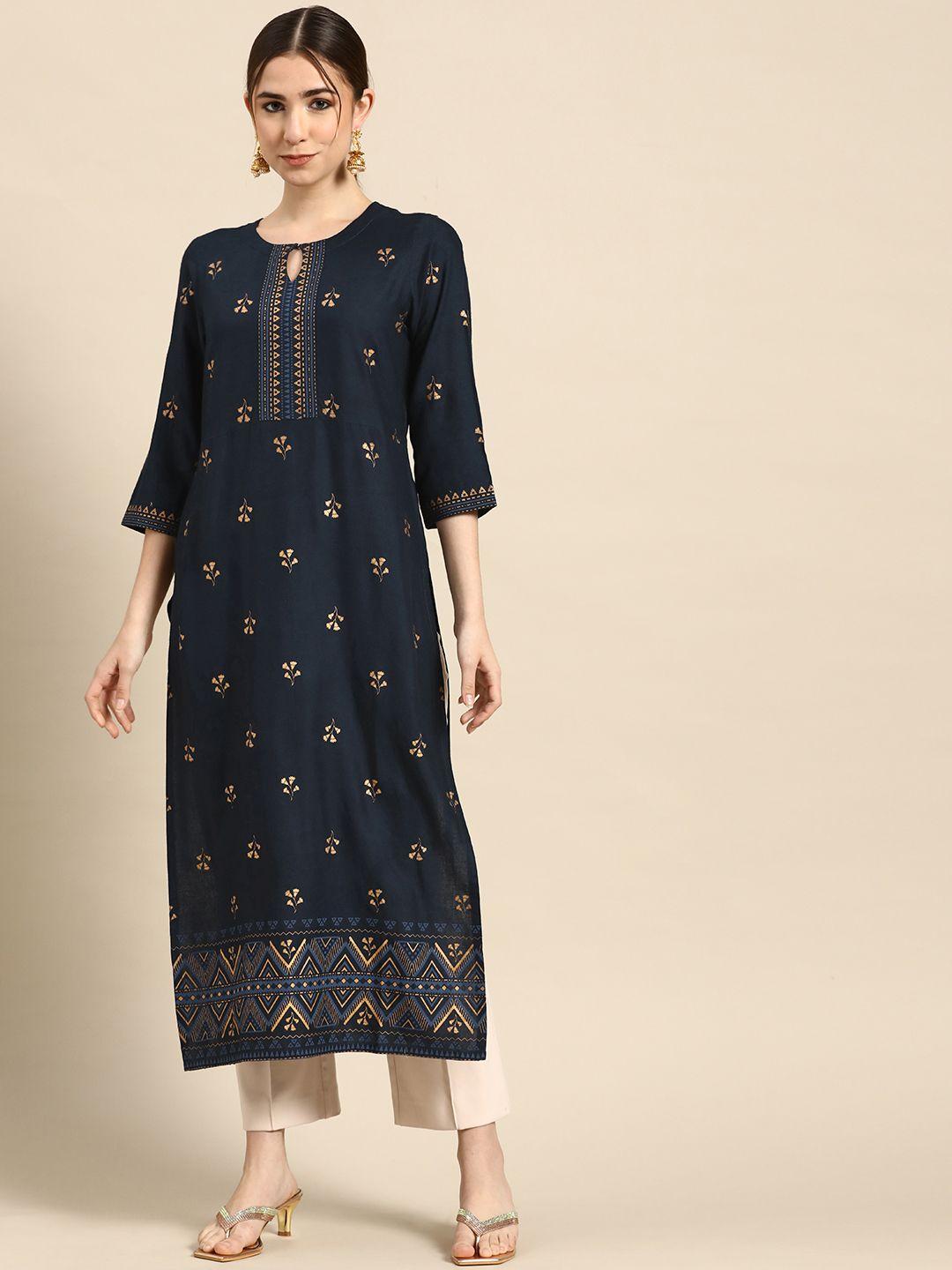 gerua women navy blue & gold-toned floral printed keyhole neck kurta