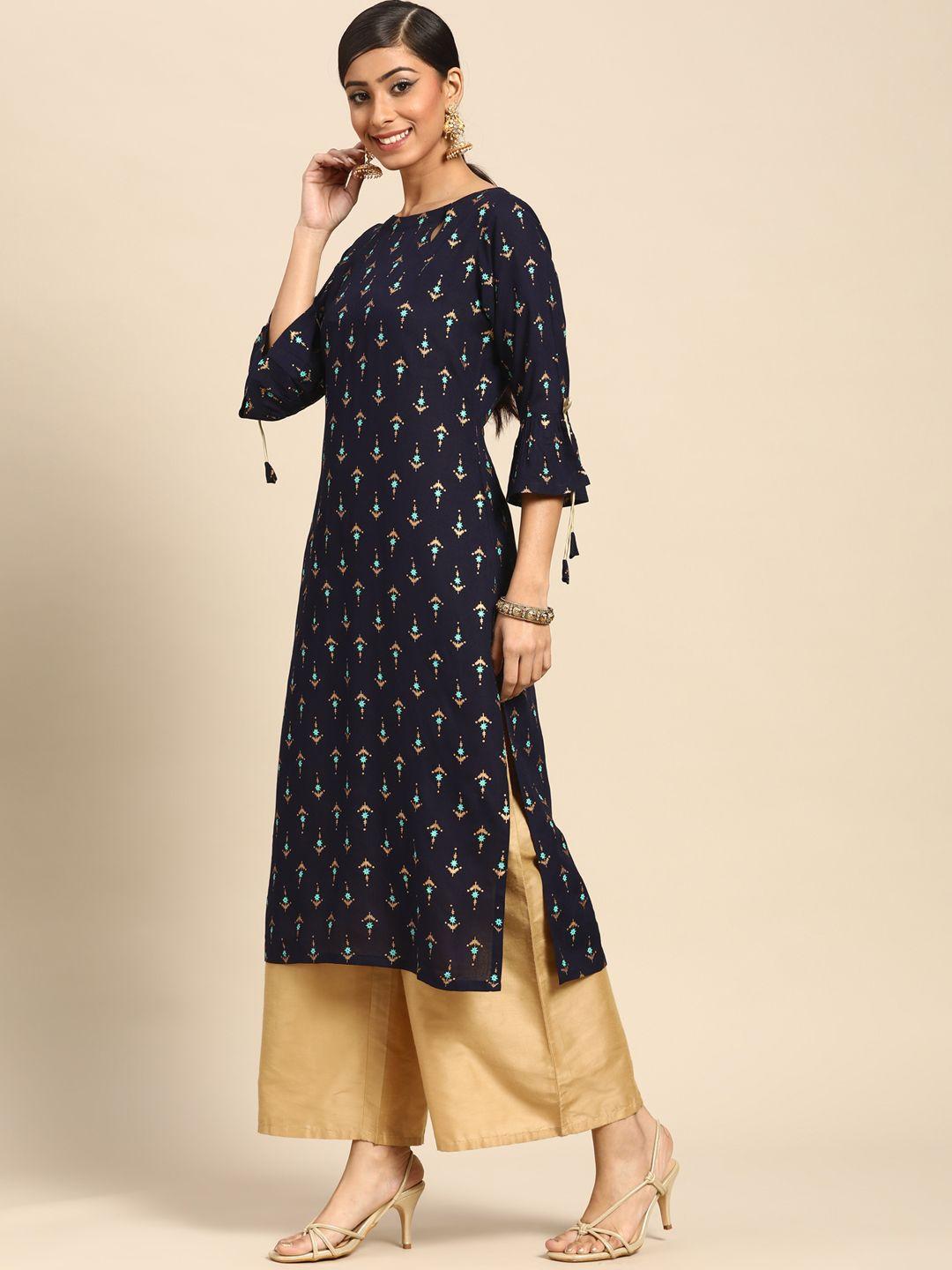 gerua women navy blue & golden ethnic motifs printed bell sleeves kurta tassels detail