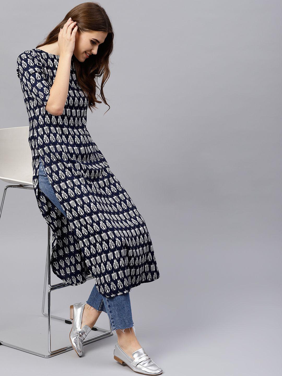 gerua women navy blue & white printed straight kurta