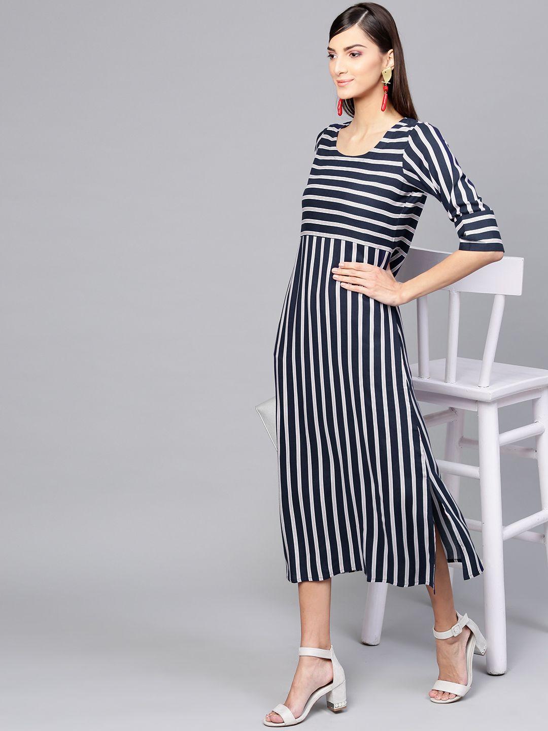 gerua women navy blue & white striped a-line dress