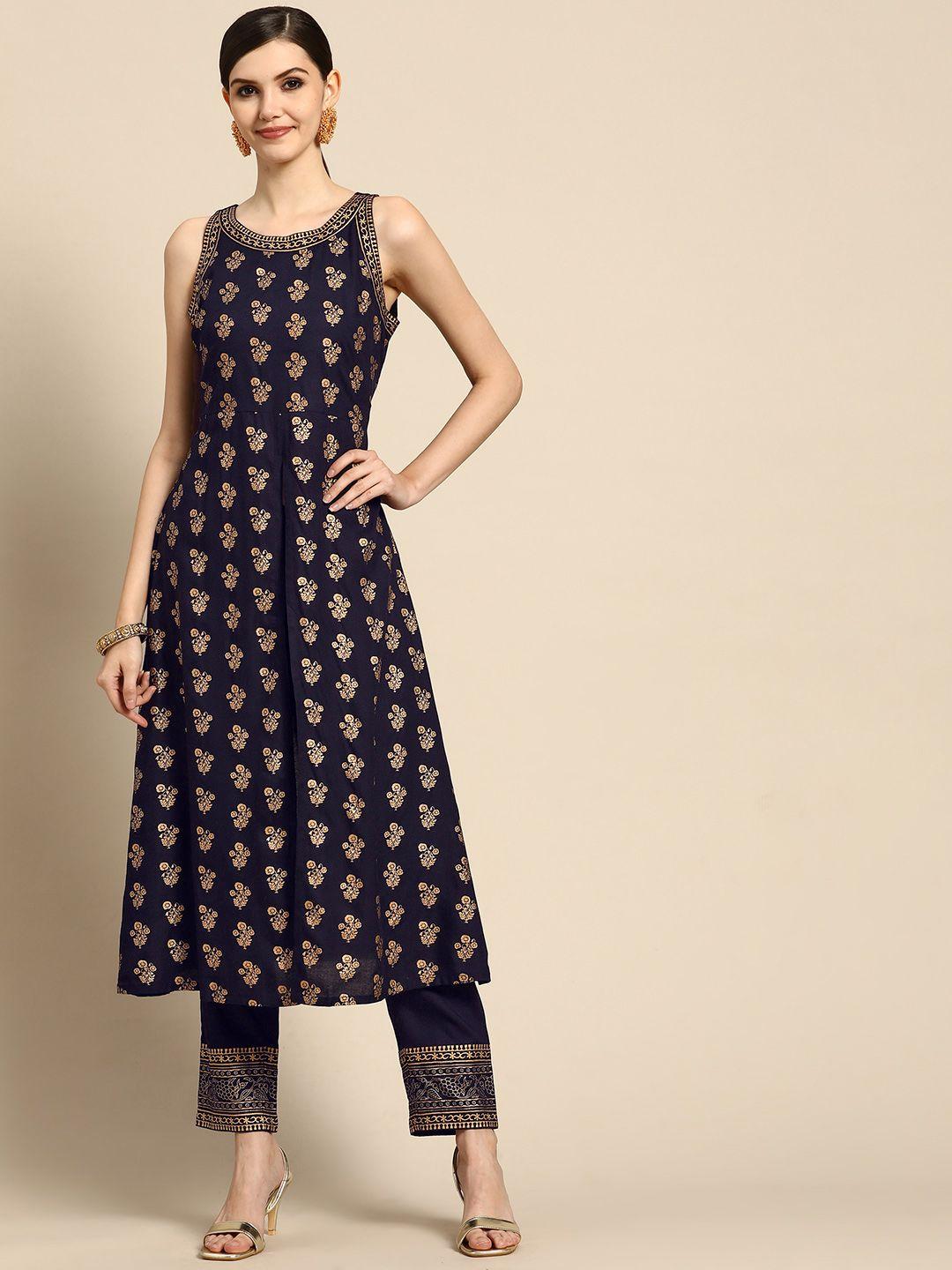 gerua women navy blue ethnic motifs printed kurta with trousers