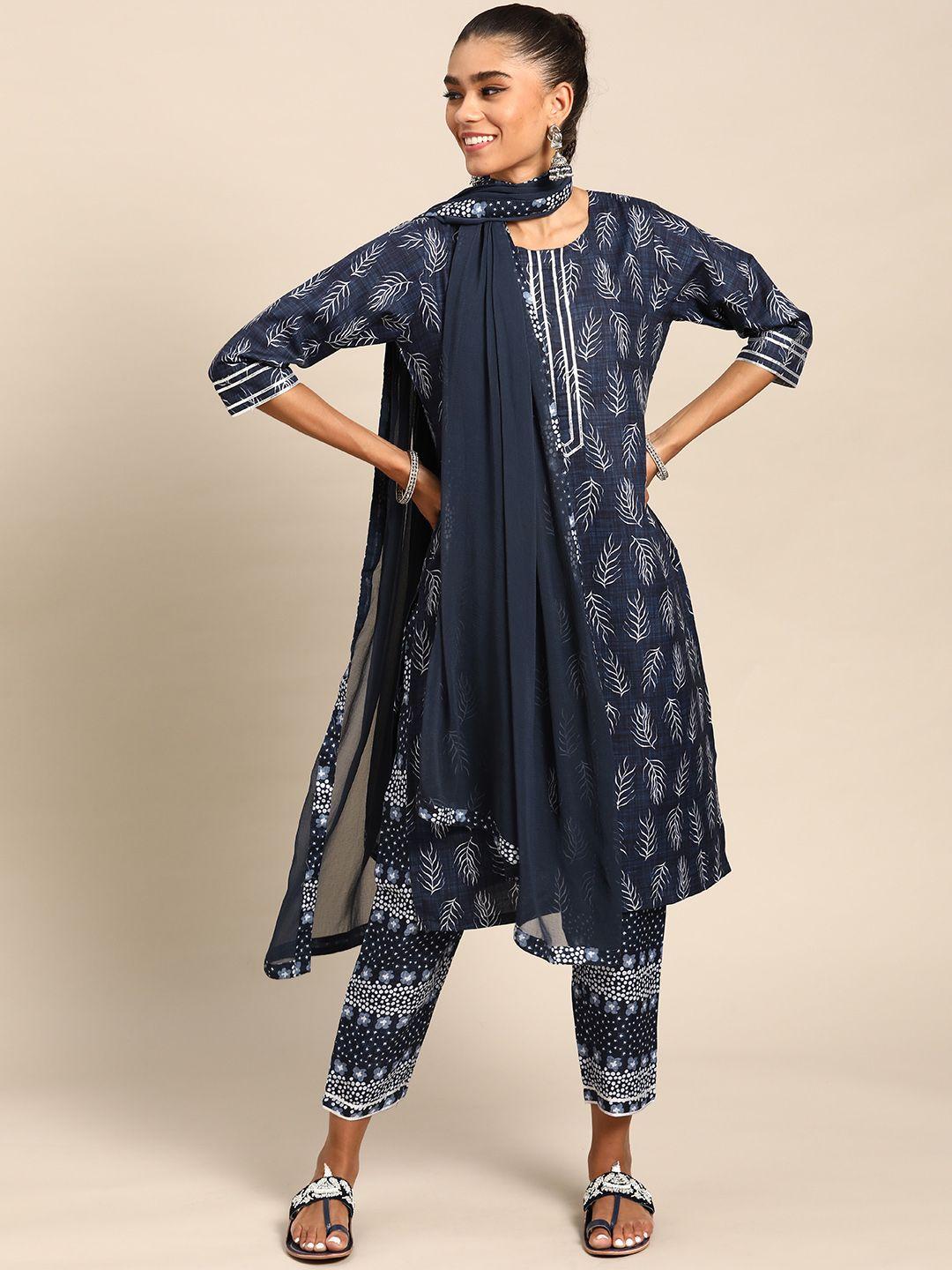 gerua women navy blue floral printed gotta patti kurta with trousers & with dupatta