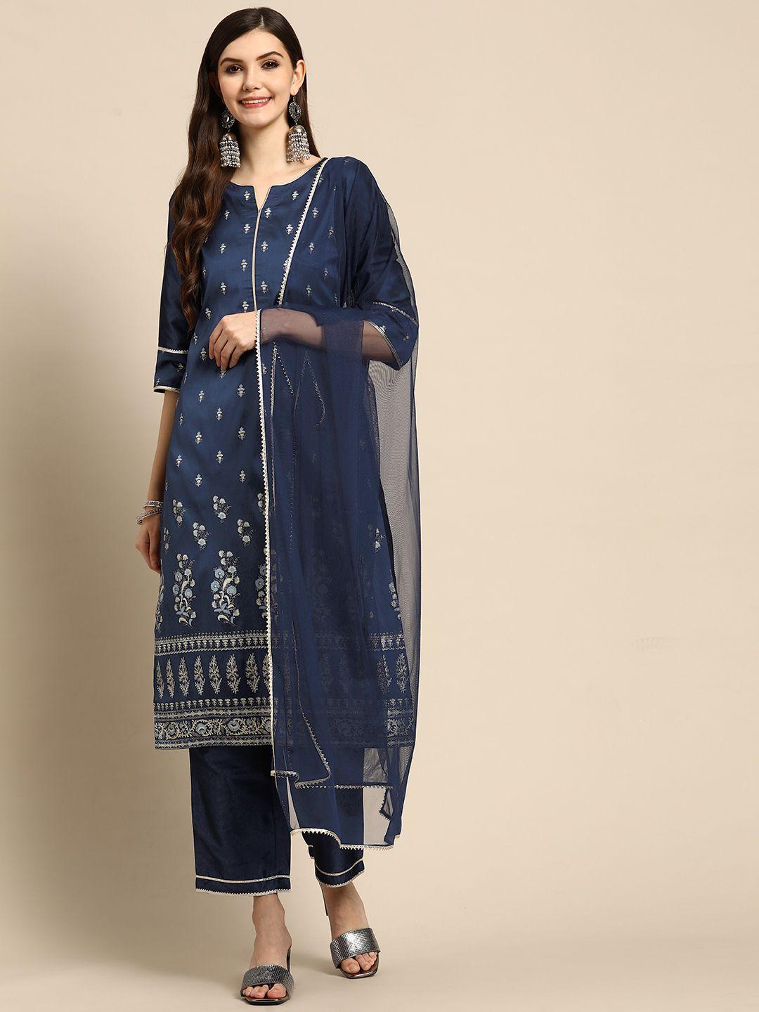 gerua women navy blue floral printed gotta patti kurta with trousers & with dupatta