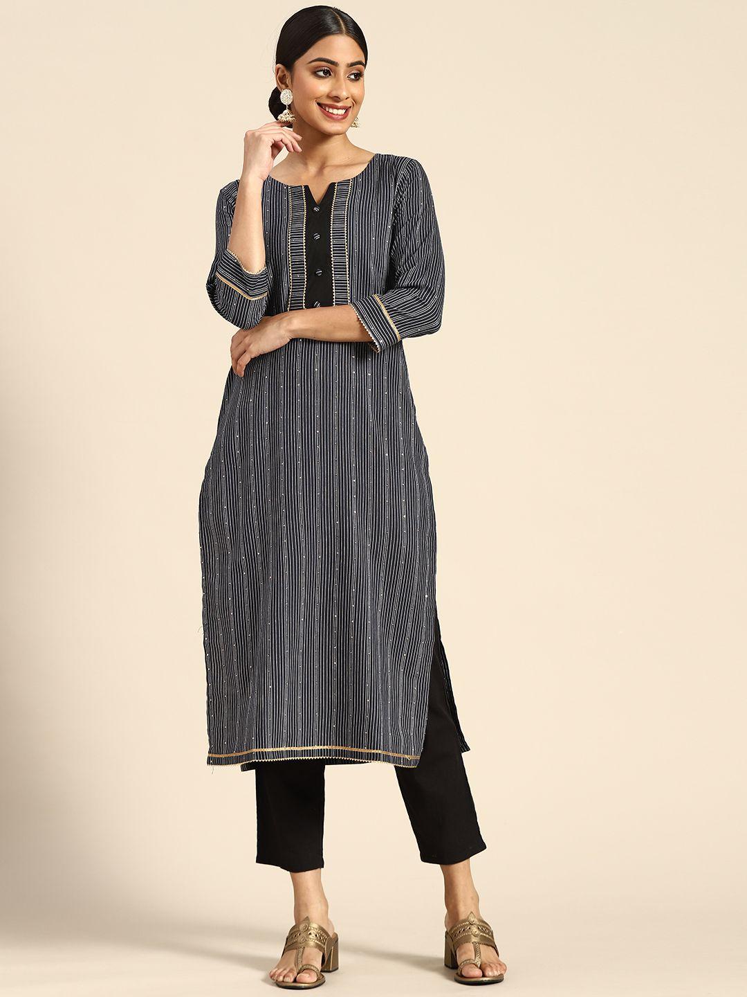 gerua women navy blue striped kurta