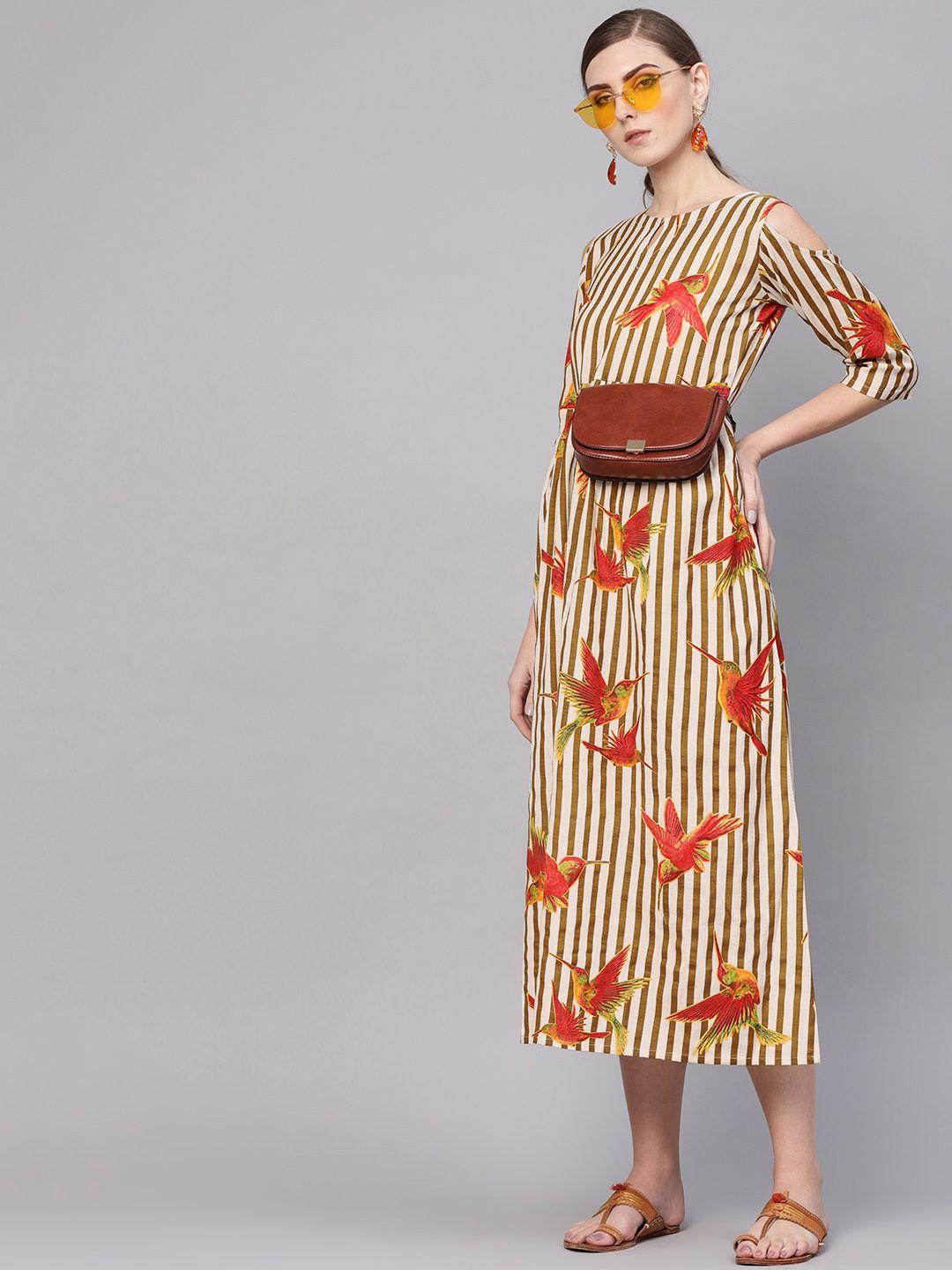 gerua women off-white & brown striped maxi dress