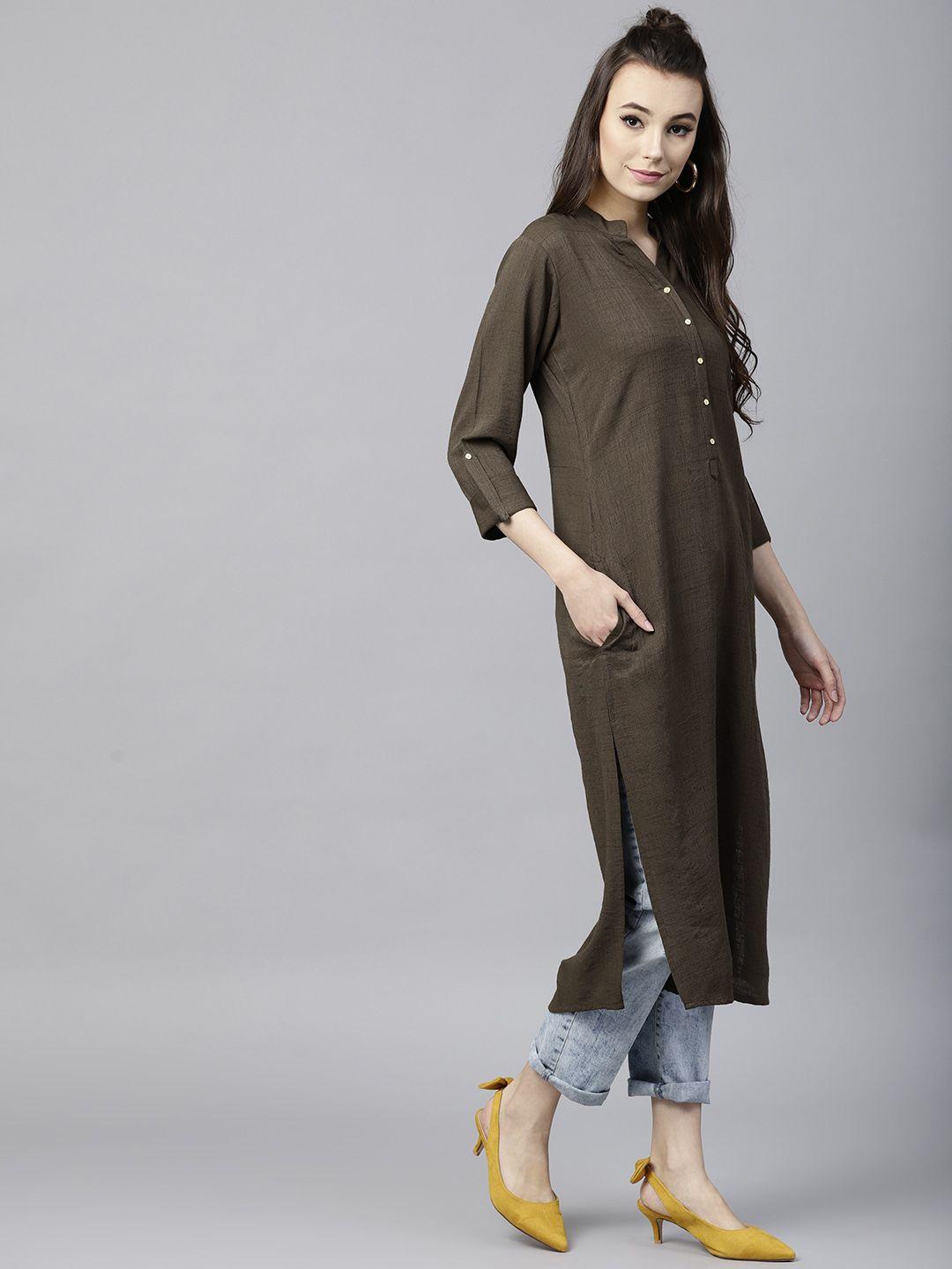 gerua women olive brown solid straight kurta